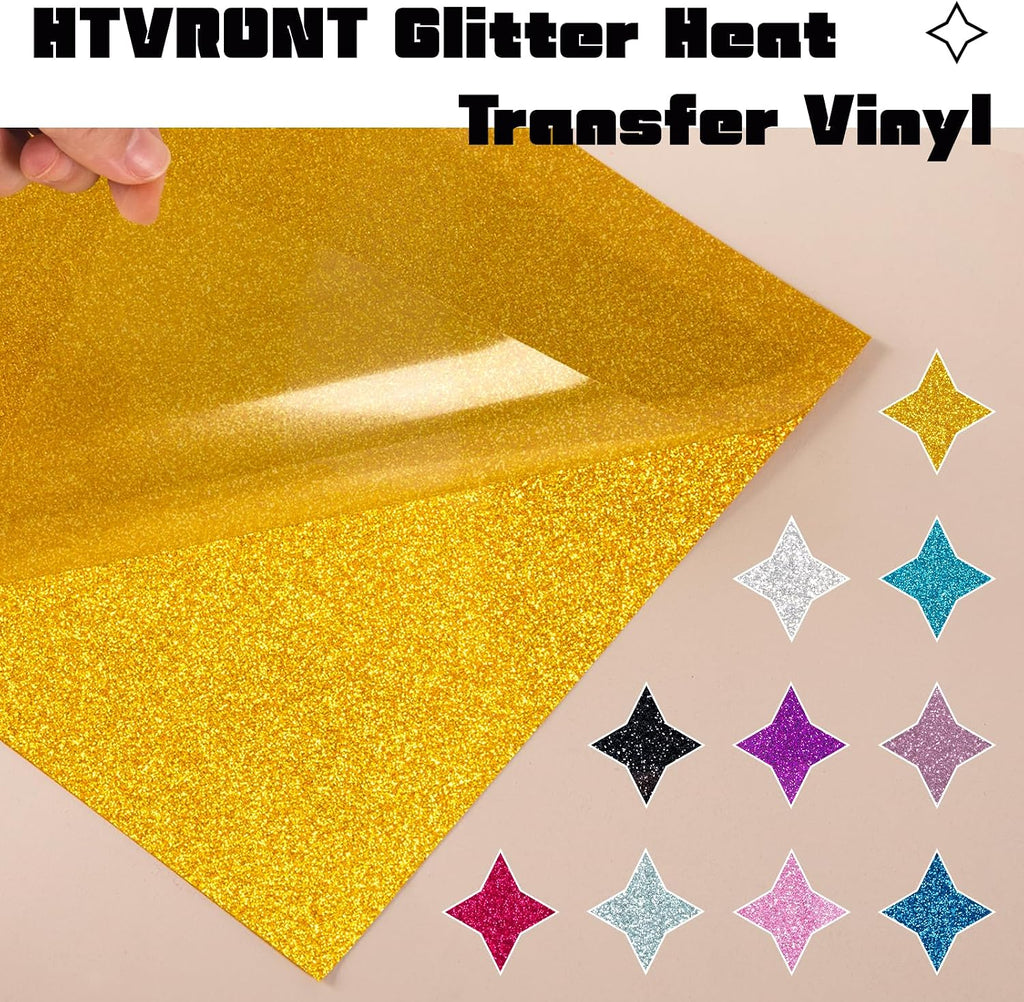 Glitter Heat Transfer Vinyl - 15 Pack 12" x 10" Glitter HTV Vinyl | HTV Sheets Glitter HTV Vinyl for T-Shirts
