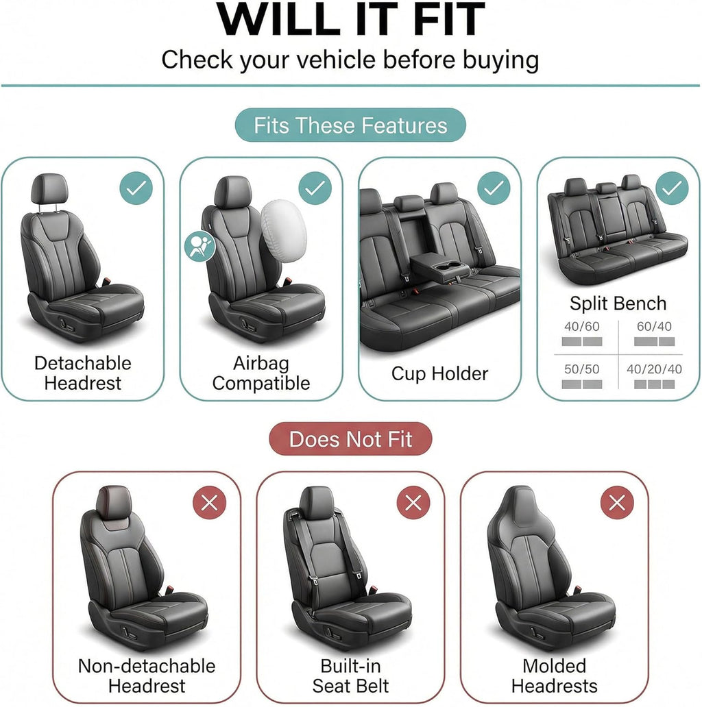 Full Set Cloth Car Seat Covers, Universal Fit Front and Split Bench Rear, Airbag Compatible, Washable for SUV, Sedan