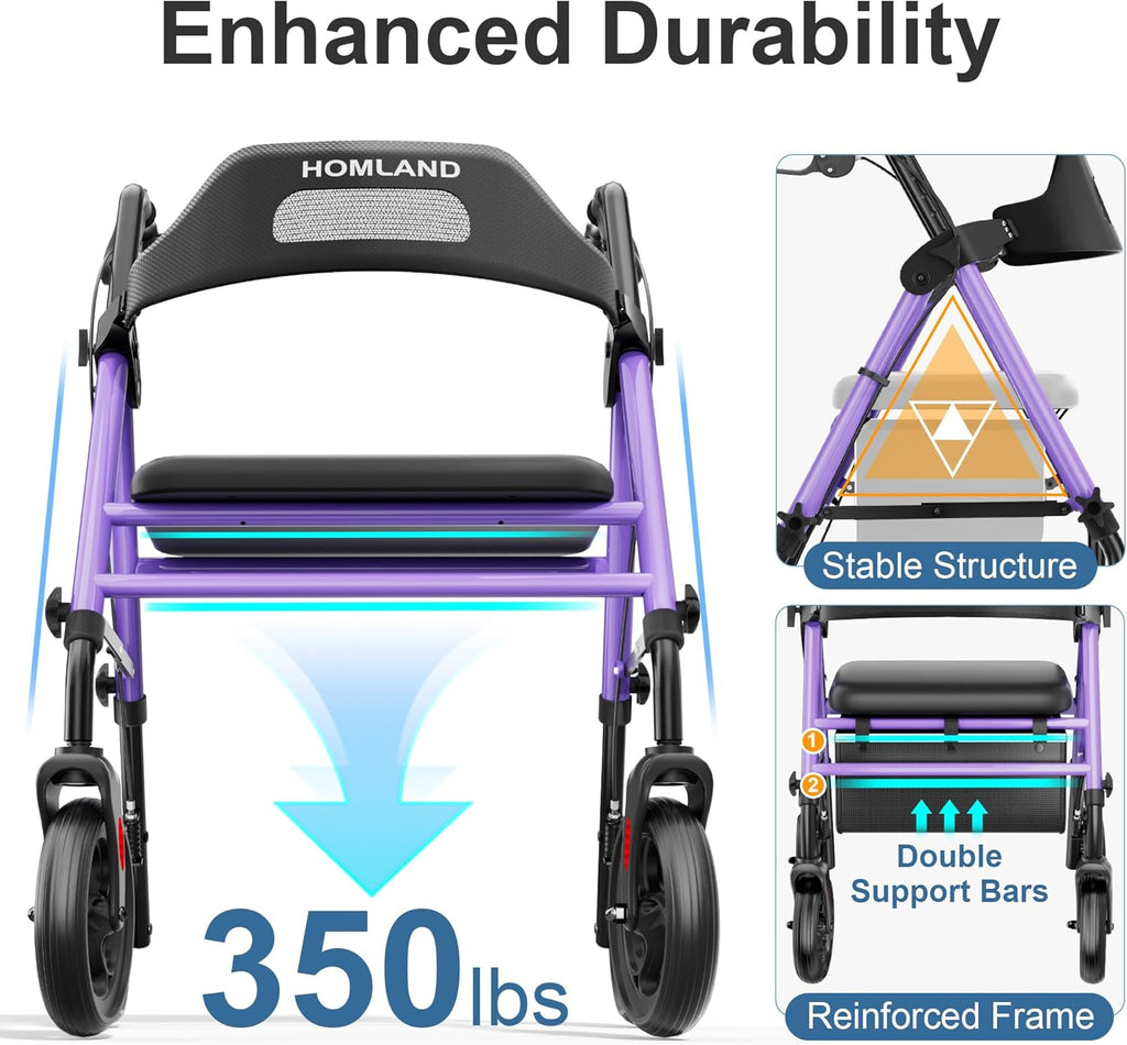 Foldable Rollator Walkers with Seat for Seniors, 8'' Big Wheels, 350 lb. Weight Capacity, Adjustable Handles and Seat