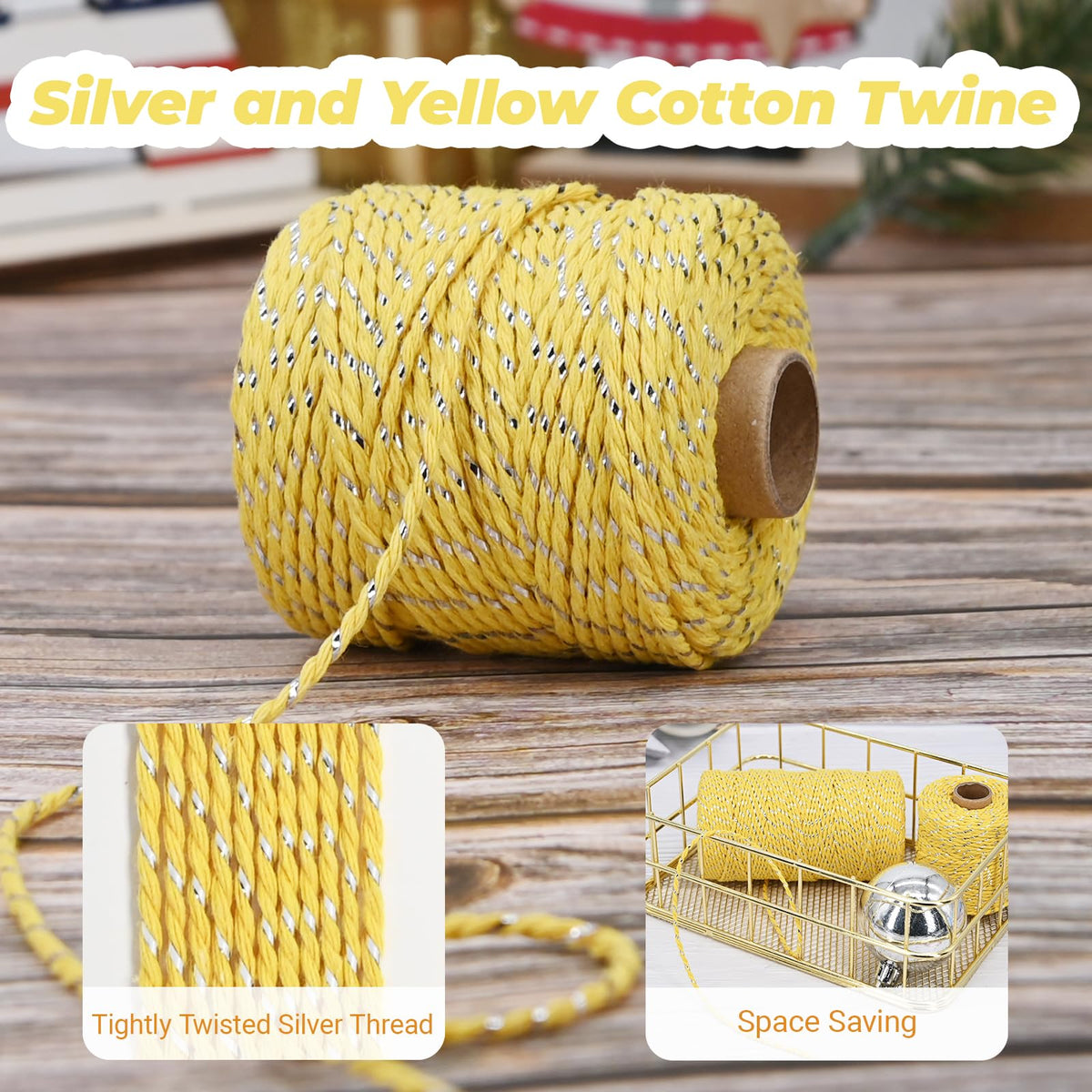 Metallic Cotton Twine String, 2mm Thick, 164 Feet per Roll, 2 Pack