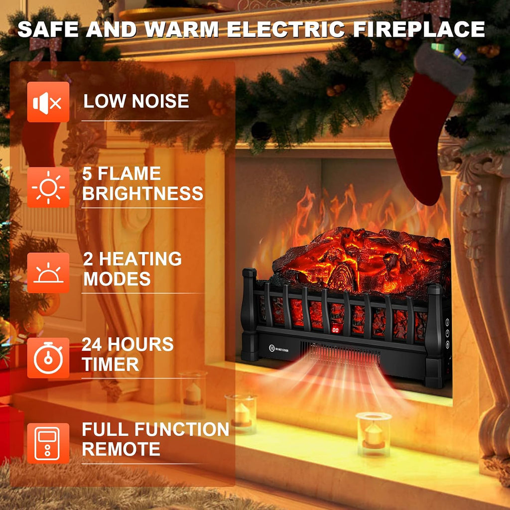 Electric Fireplace Logs Inserts Heater with Remote Control for Home Decor | 5 Flame Brightness, 24H Timer