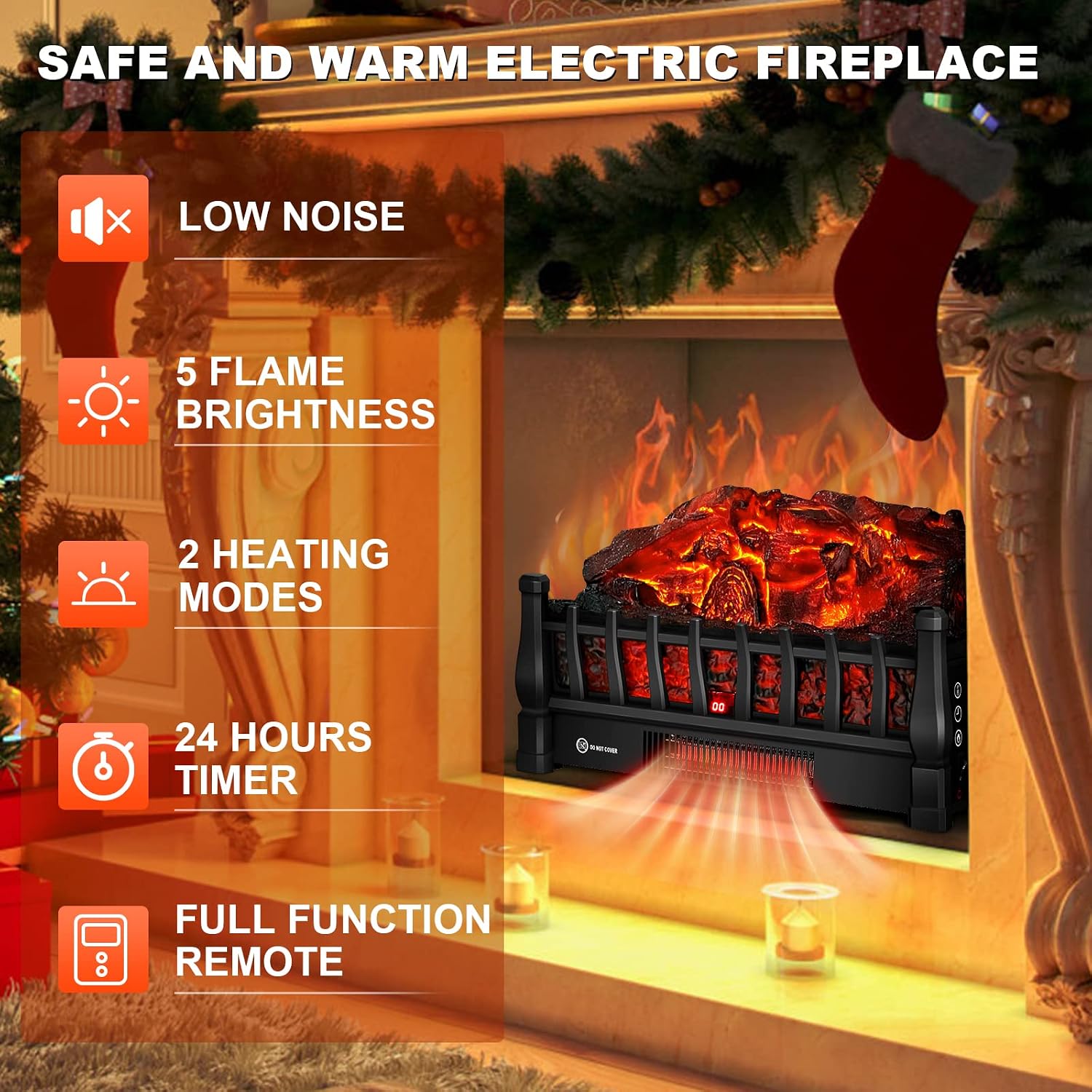 Electric Fireplace Logs Inserts Heater with Remote Control for Home Decor | 5 Flame Brightness, 24H Timer