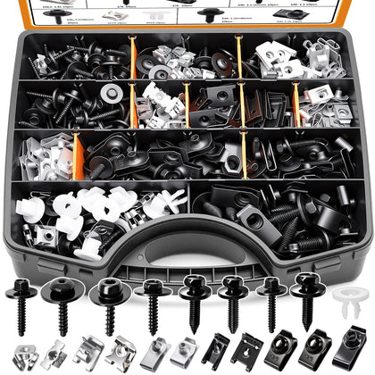 260PCS U‑Nut Clips and Fender Body Bolt Assortment Kit, 21 Sizes Mixed‑Spec Auto Fasteners, Black Phosphate Steel