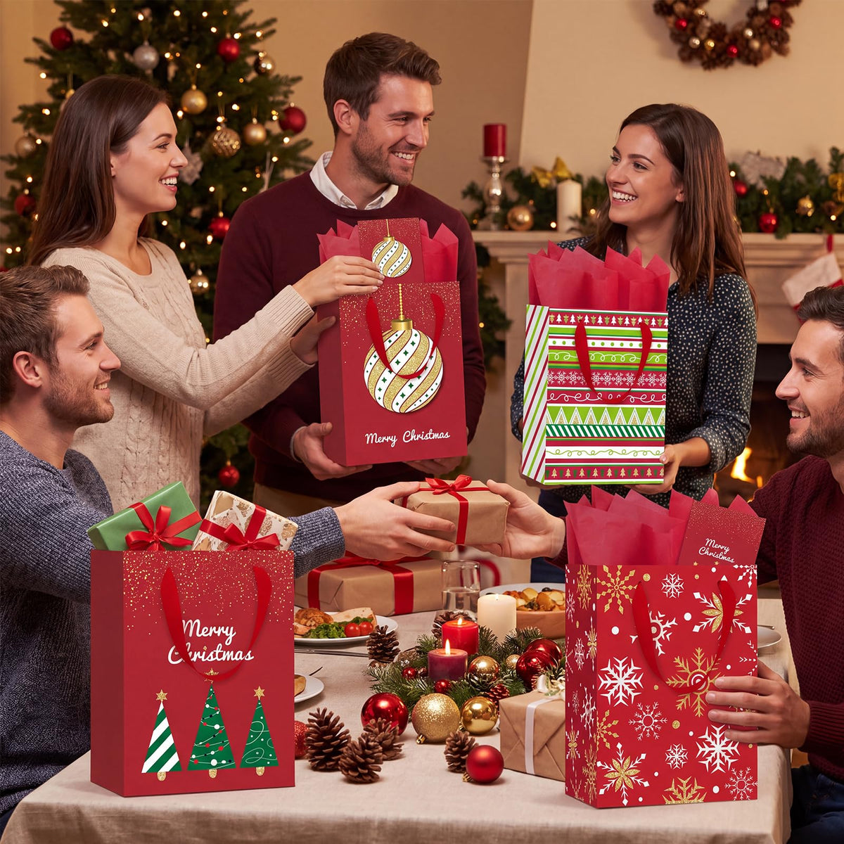 4 Pack 10.6" Christmas Red Gift Bags with Handles