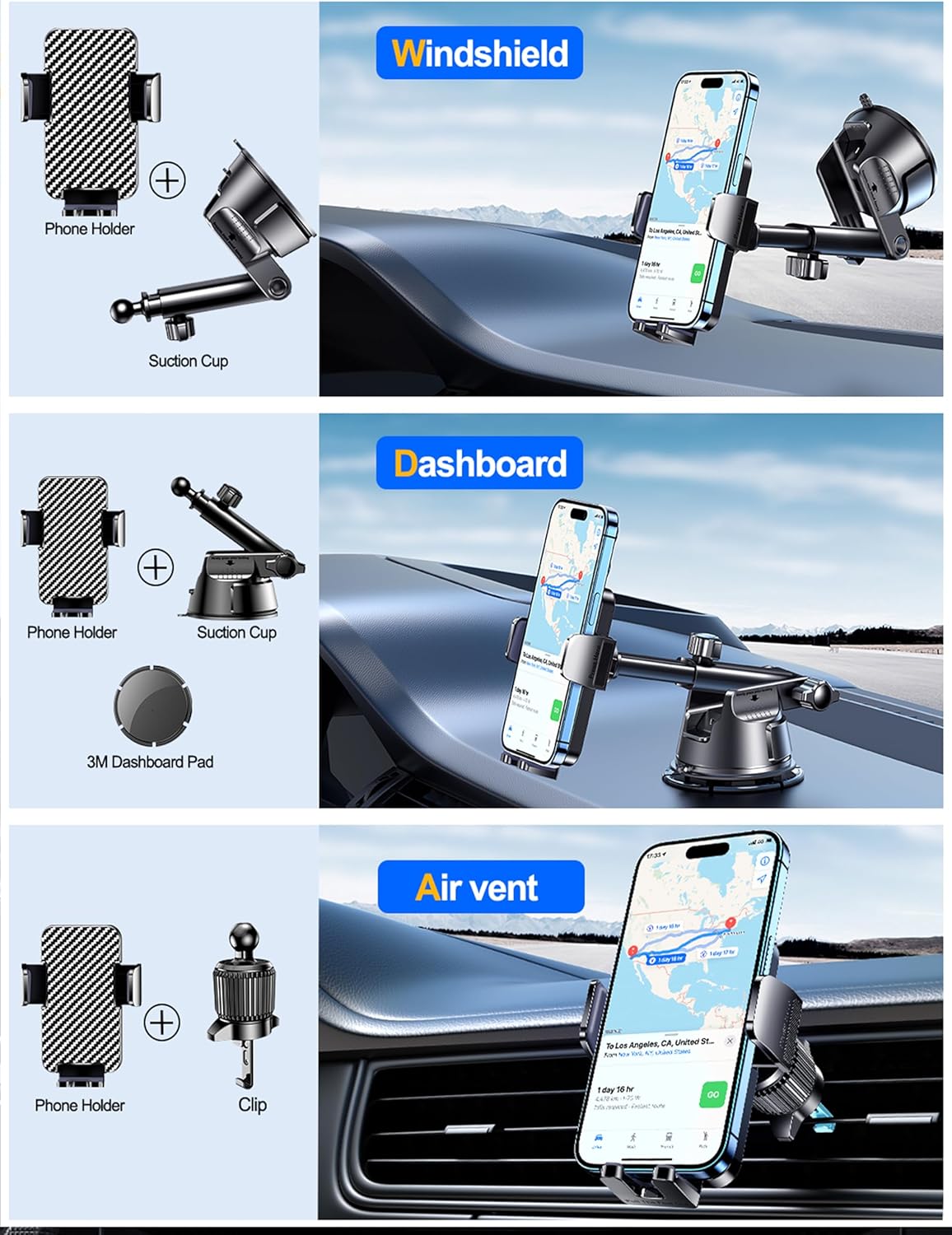 Dash Mounted Holders Phone Holders for Your Car Phone Mount for Car Windshield Dashboard Air Vent Universal Desk