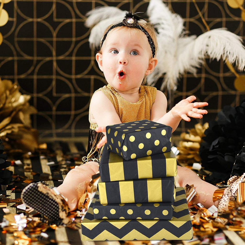 60 Pcs Gold Black Tissue Paper Bulk 3 Style Decorative Metallic Wrapping Paper for Birthday Weddings Christmas Party