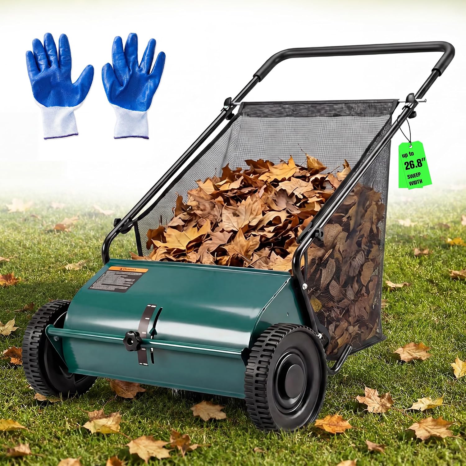 26" Push Lawn Sweeper with 8 Cuft Hopper Bag,Adjustable Brush Height, Green