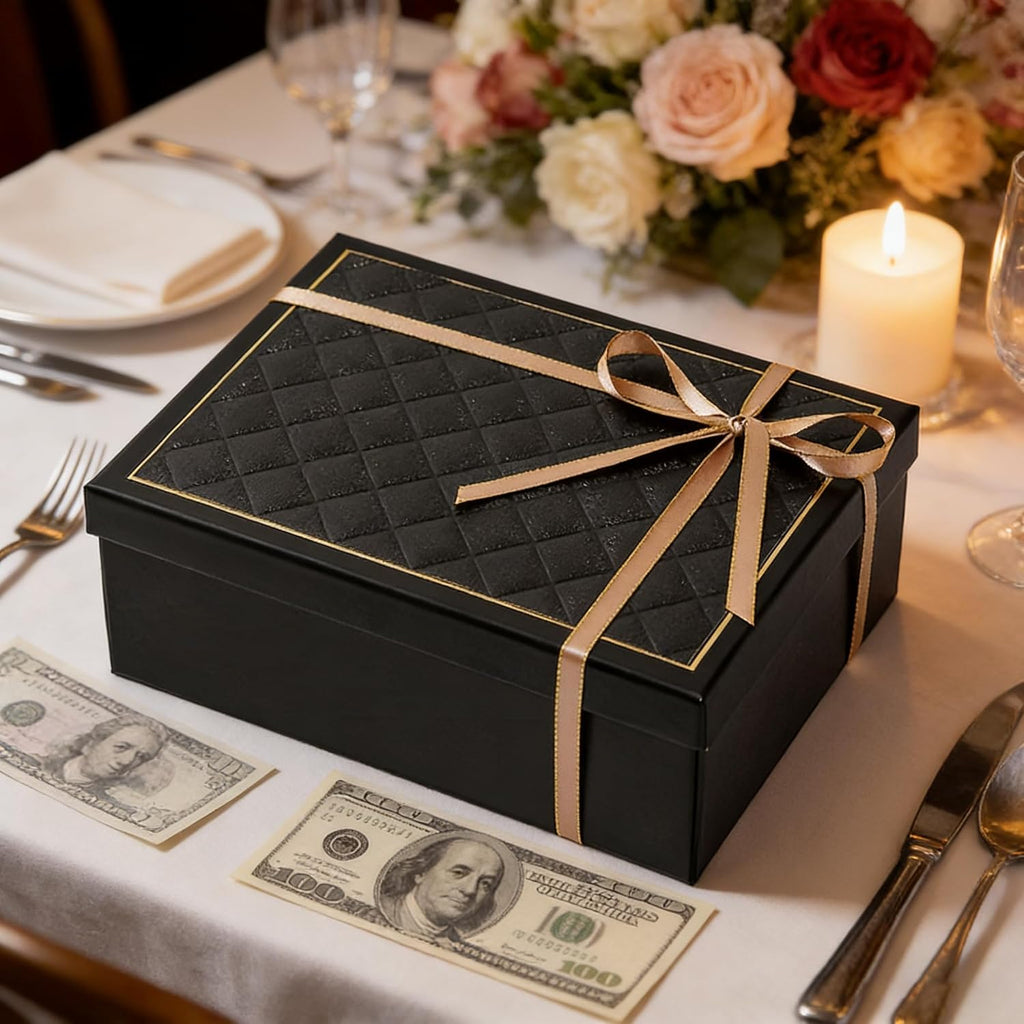 Black Gift Box with Lids, 9.84" x 7.09" x 3.35" Large Gift Box for Presents, Complete Set with Luxury Filler, Card