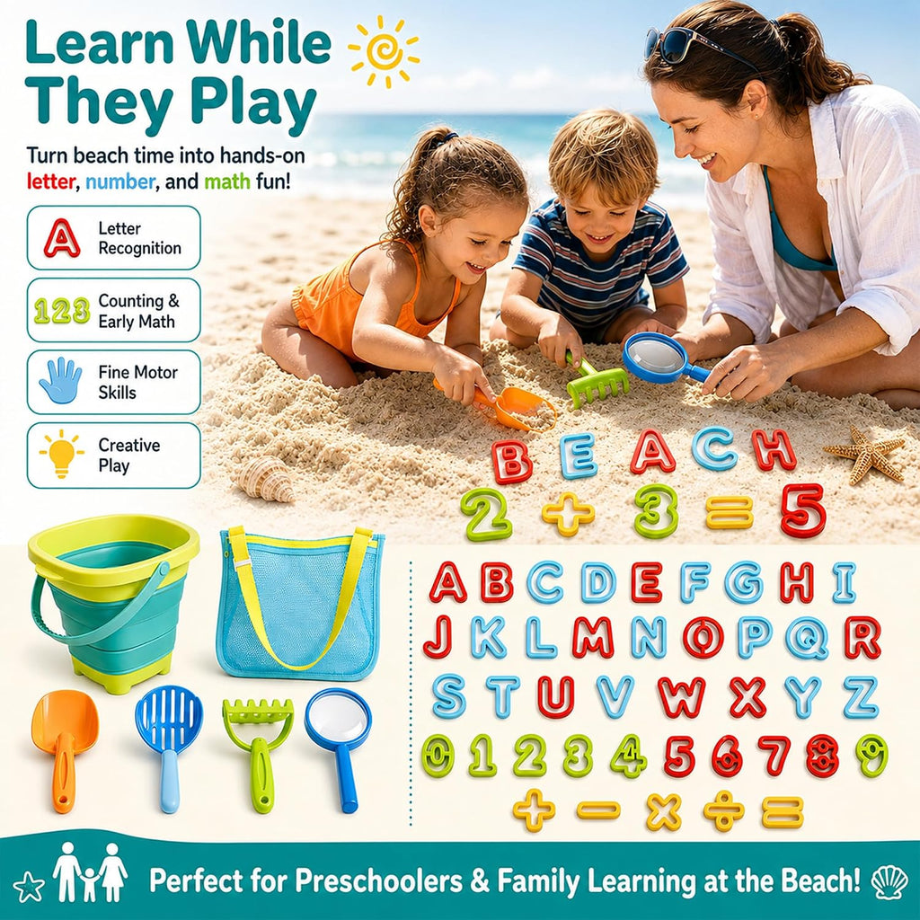 47pc Collapsible Beach Toys for Toddlers Kids ，Educational Sand Toys with Letter & Number Molds, Collapsible Bucket