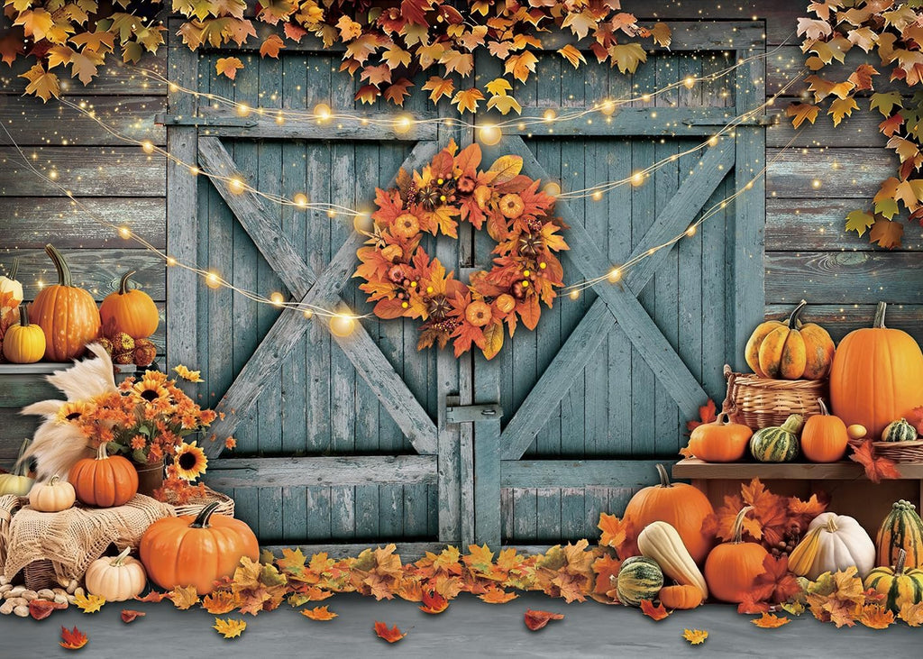 Fall Thanksgiving Backdrop Rustic Barn Door Autumn Pumpkin Harvest Photography Background Maple Leaves Garland