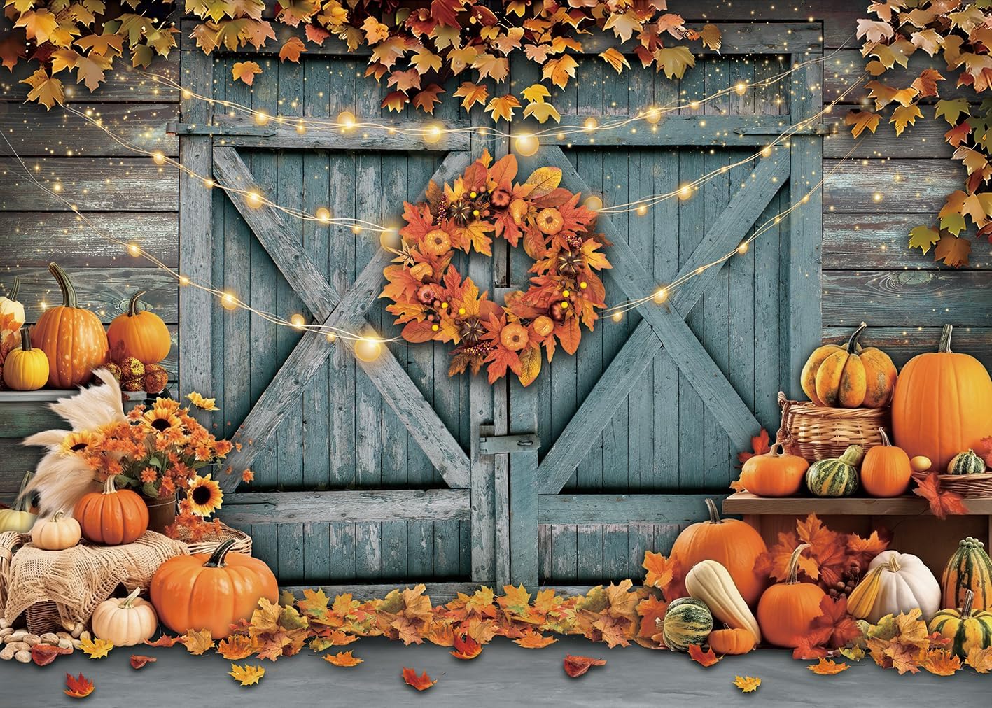 Fall Thanksgiving Backdrop Rustic Barn Door Autumn Pumpkin Harvest Photography Background Maple Leaves Garland