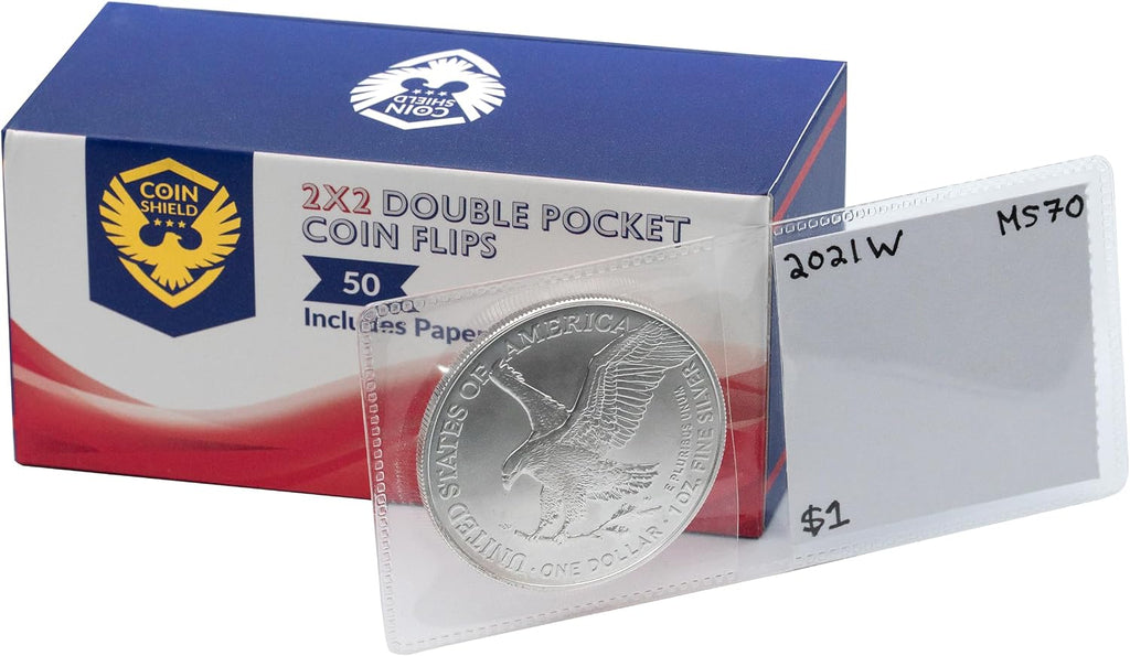 50 2x2 Double Pocket Coin Flips PVC Free Clear Vinyl Holders with Inserts