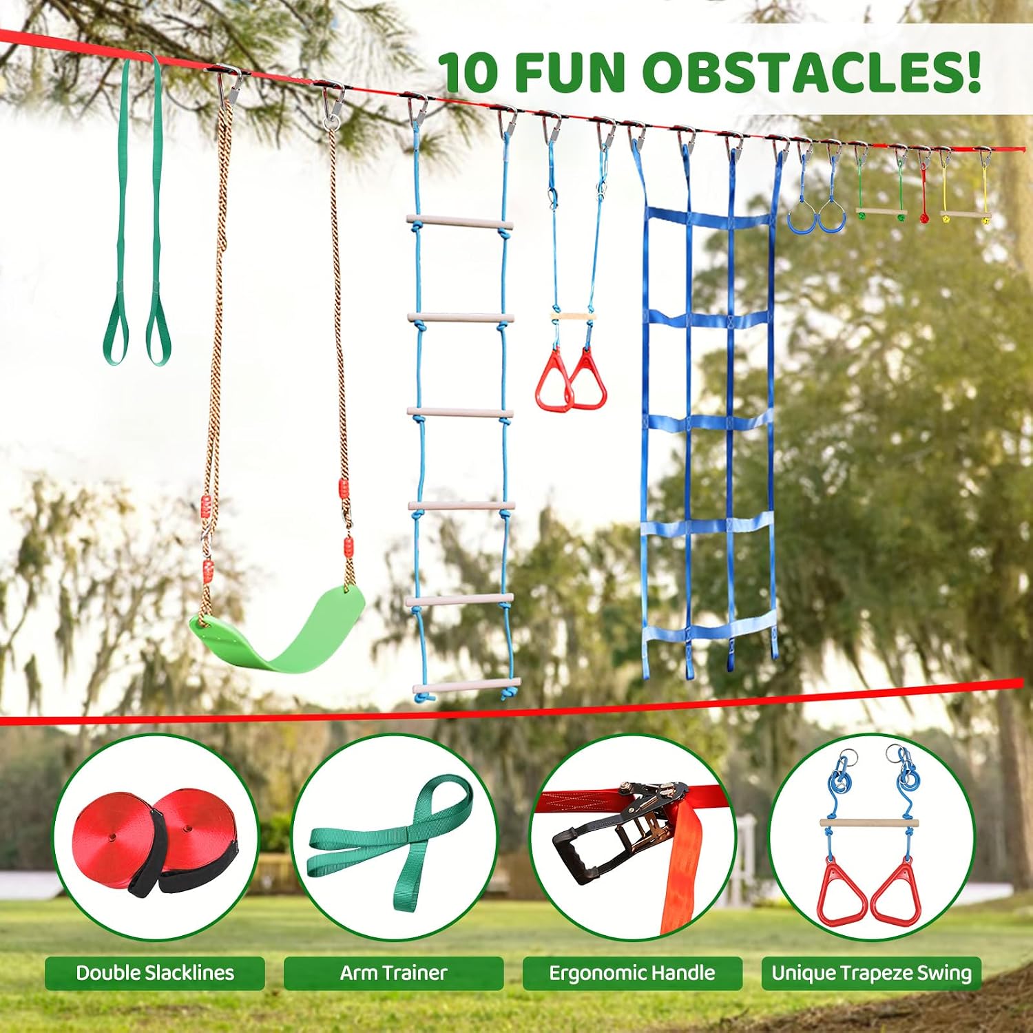 Ninja Warrior Obstacle Course for Kids Backyard - 2×50ft Slackline Kit with 10 Most Complete Accessories for Boys &