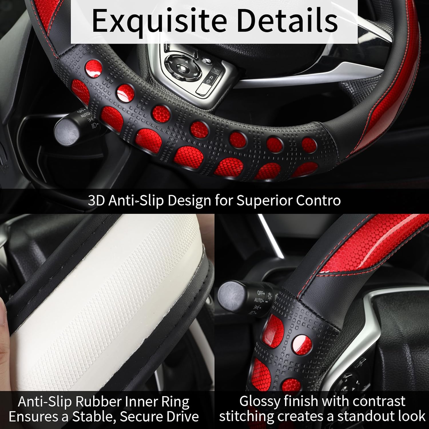 PU Leather Car Steering Wheel Cover with Anti-Slip Grip, for Women and Men, Universal Fit for 14.5-15 Inch Cars