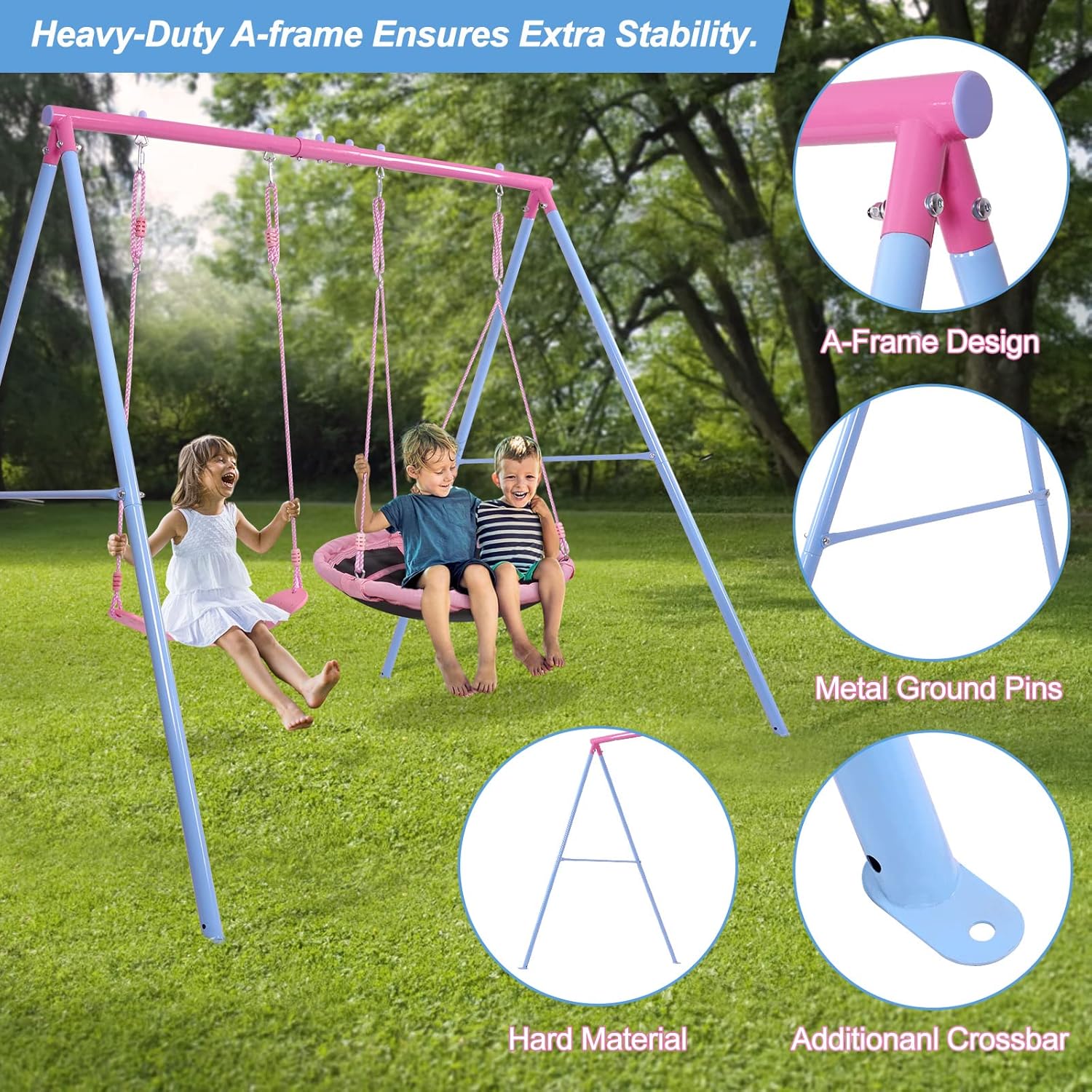 Swing Set, 440lbs, Heavy-Duty A-Frame Metal Outdoor SwingStand, 1 Saucer & 1 Belt Swing seat for Playground, Backyard