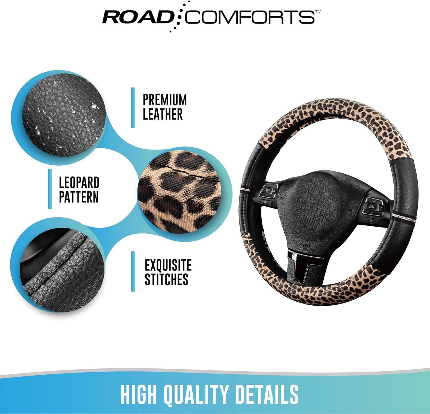 Leopard Steering Wheel Cover - Made with PVC Leather Cheetah Print - Anti-Slip, Universal Fit 14 1/2 inches to 15