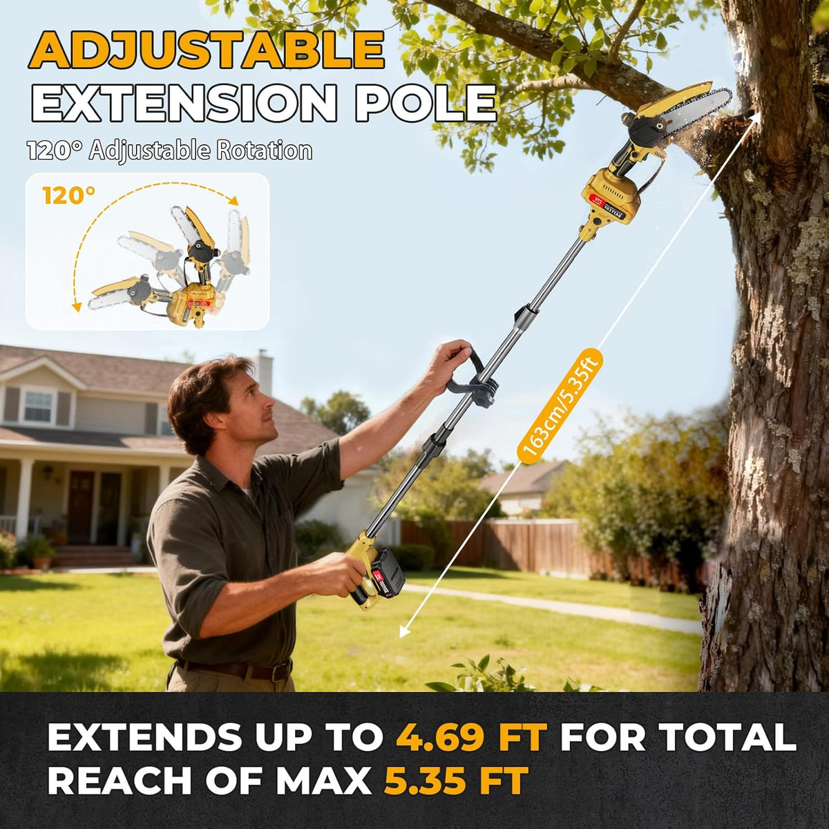 2-in-1 Cordless Pole Saw & Mini Chainsaw, 6-Inch Battery Powered Tree Trimmer with 4.4ft Extension Pole, 2 Batteries