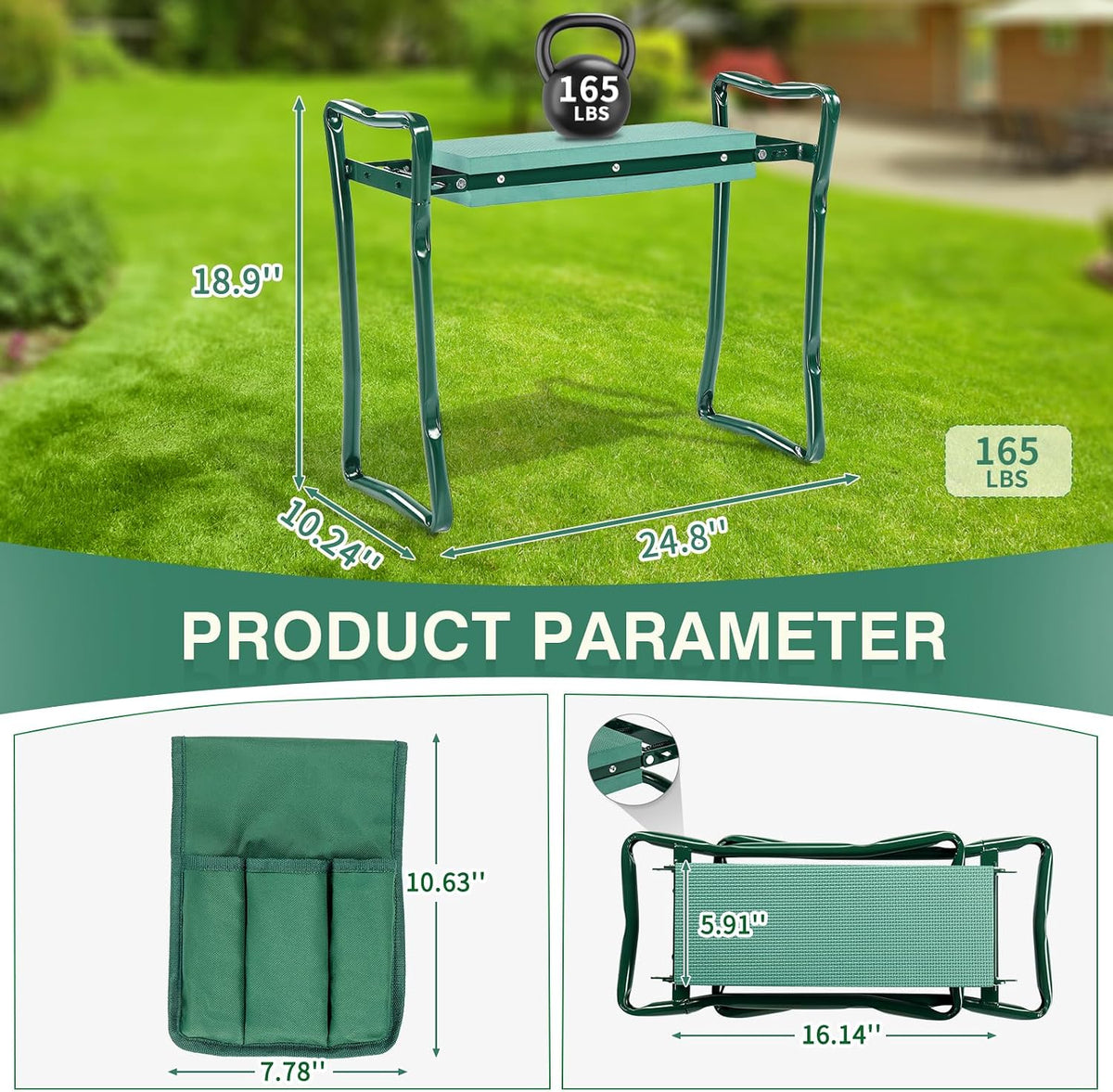 24in Foldable Garden Kneeler and Seat with Tool Pouch, 2-in-1 Function Portable Thicken Soft Kneeling Pad Garden