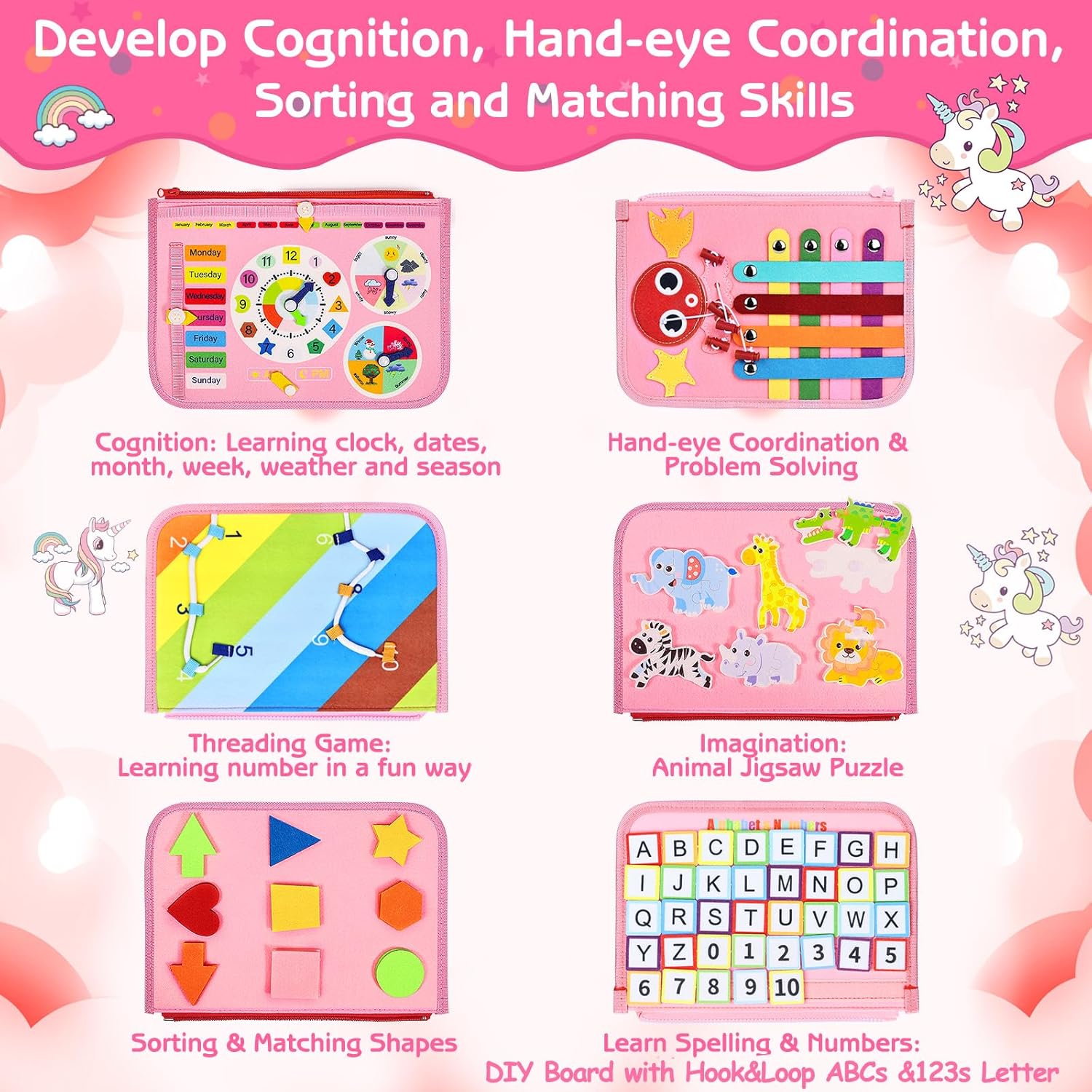 Busy Board Montessori Toys for Girls, Sensory Book Educational Activities for Learning Fine Motor Skills, Birthday