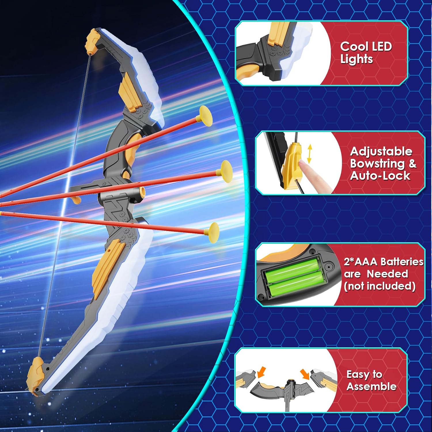 Kids Bow and Arrow Set LED Light Up Archery Set with 10 Suction Cup Arrows, 2 Archery Targets Indoor Outdoor Games