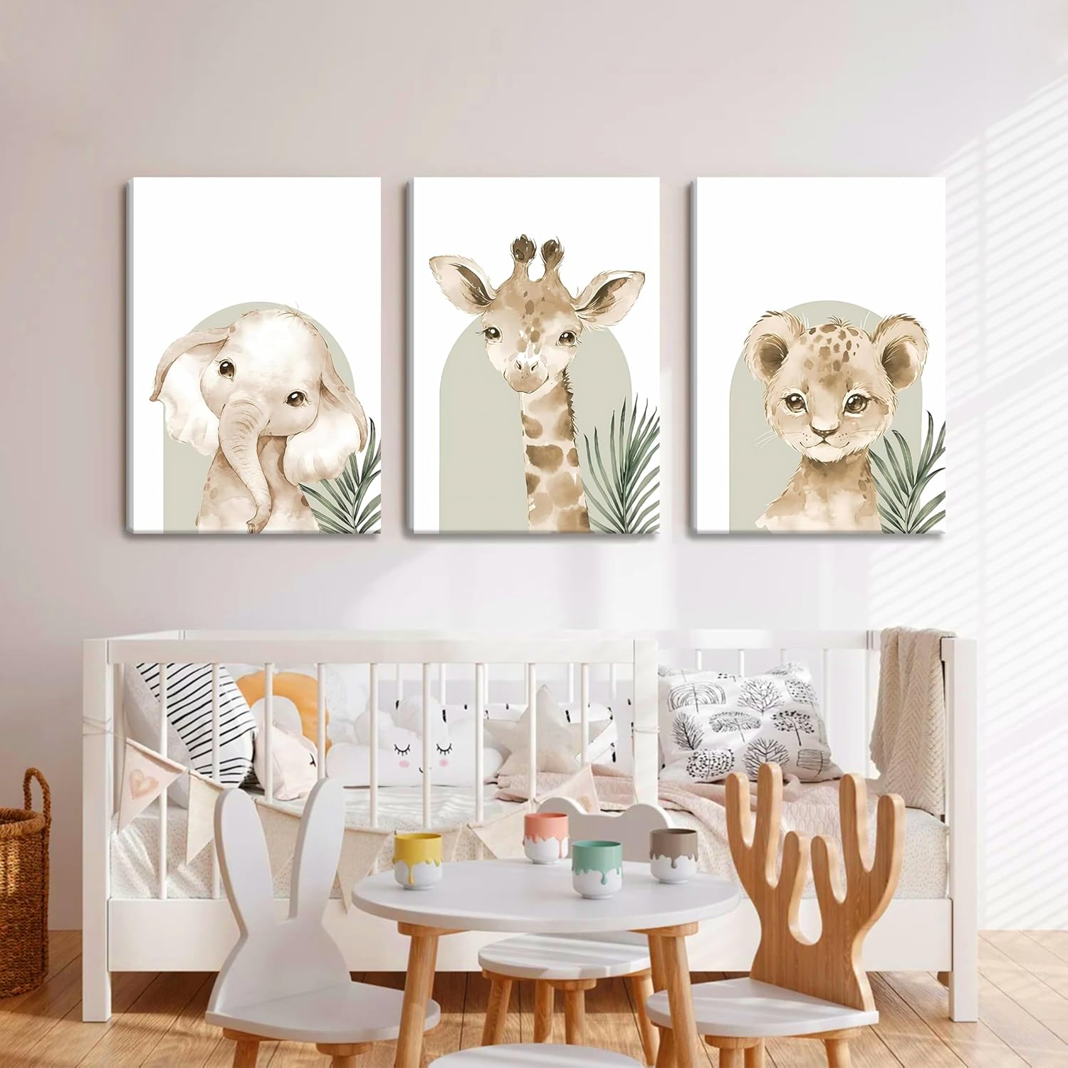 Nursery Wall Decor Set of 3, Cute Animal Lion Elephant Baby Pictures Poster Prints, Giraffe Jungle Canvas Wall Art