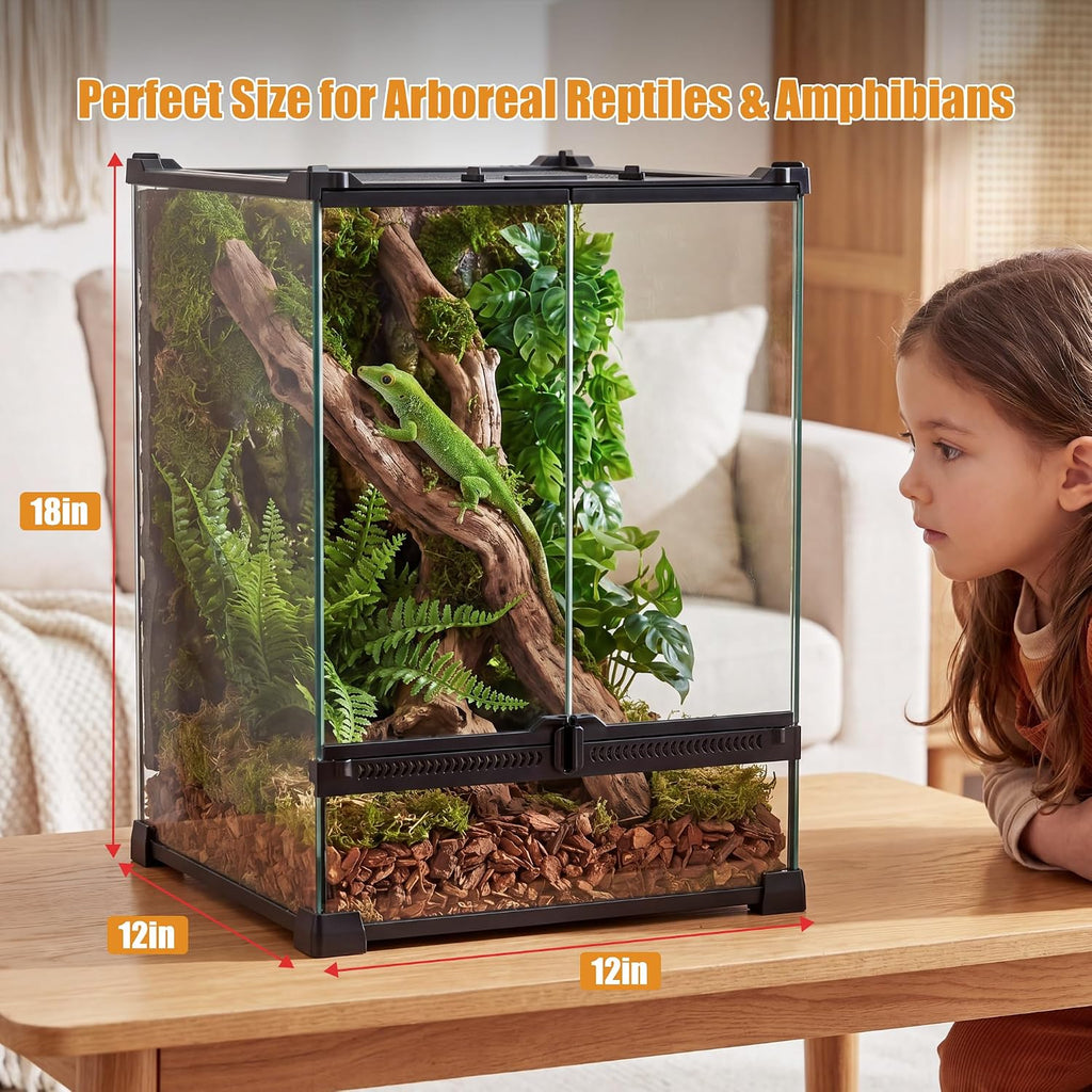 11 Gallon Fully Assembled Glass Reptile Enclosure,12"x 12" x 18" | Front Opening Tall Reptile Terrarium Tank for