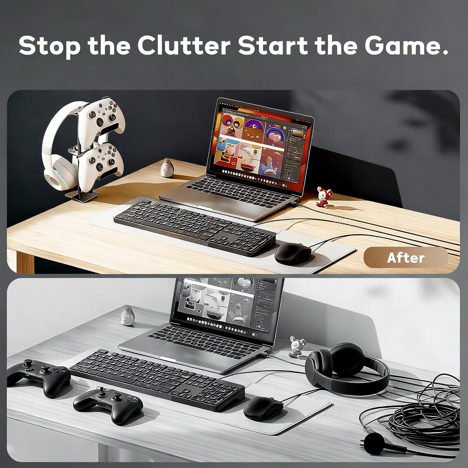 Headphone Stand with Controller Holder, Aluminum Under Desk Clamp Headset and Controller Stand - 2 in 1 Headphone