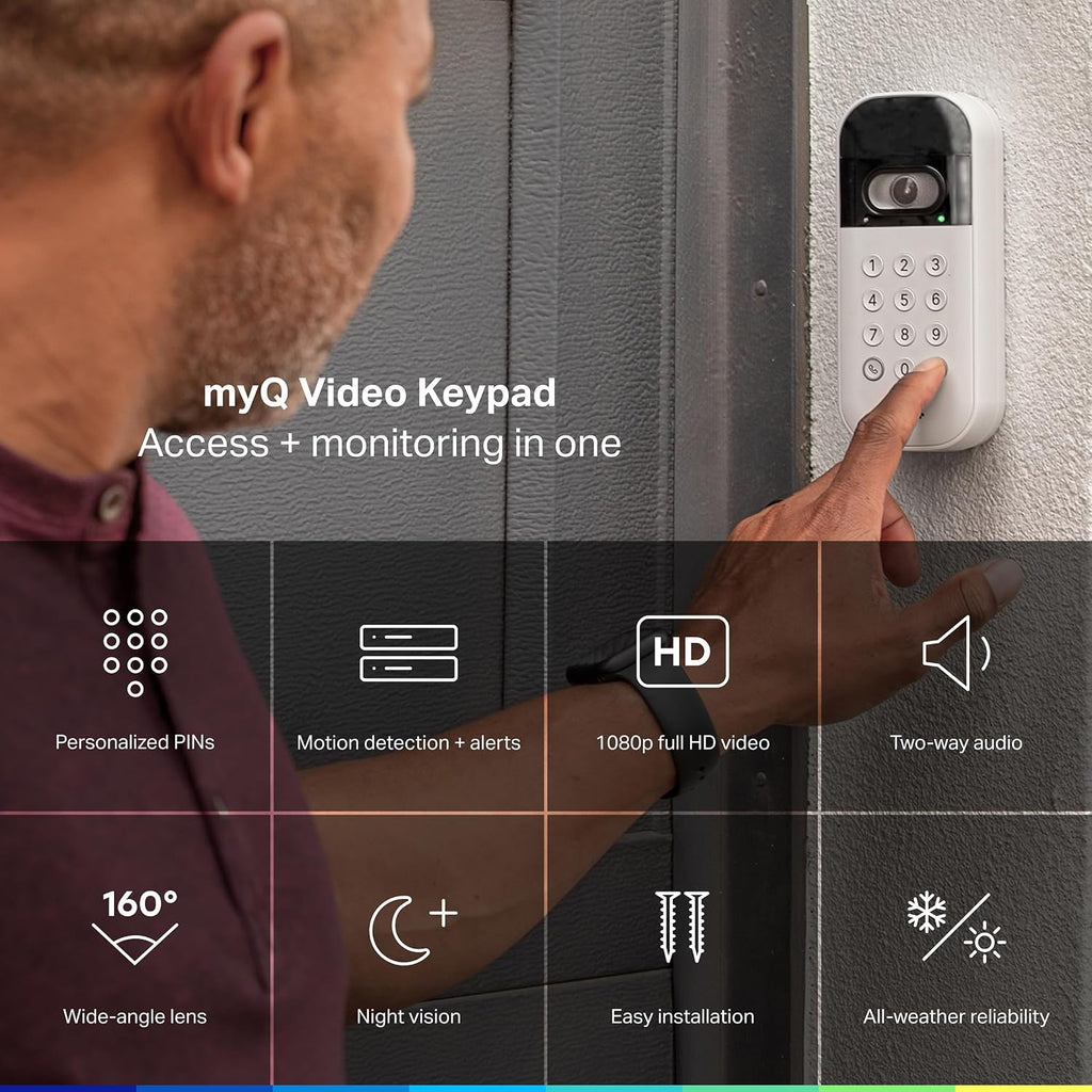 myQ Smart Garage Door Video Keypad with Wide-Angle Camera,Customizable PIN Codes,and Smartphone Control–Take Charge