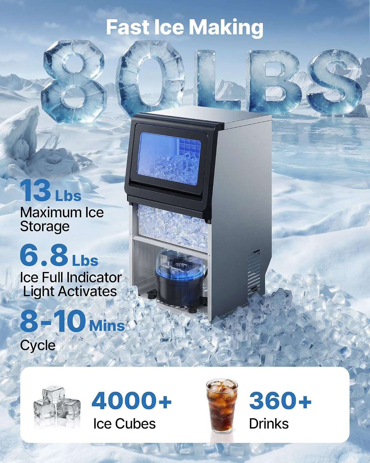 Commercial Ice Maker Machine, 80 lbs/24h with 6.8-13 lbs Storage Capacity, Countertop/Freestanding/Under Counter