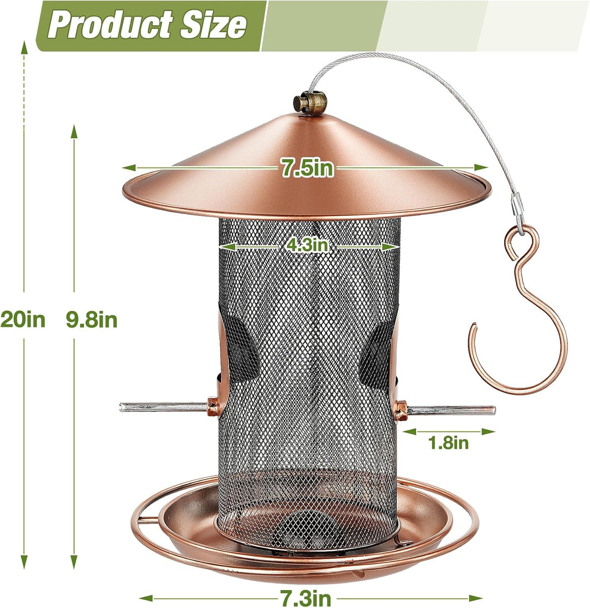 Hanging Bird Feeder Outdoor Metal Mesh Tube 360° Feeding 2 Extra Perches