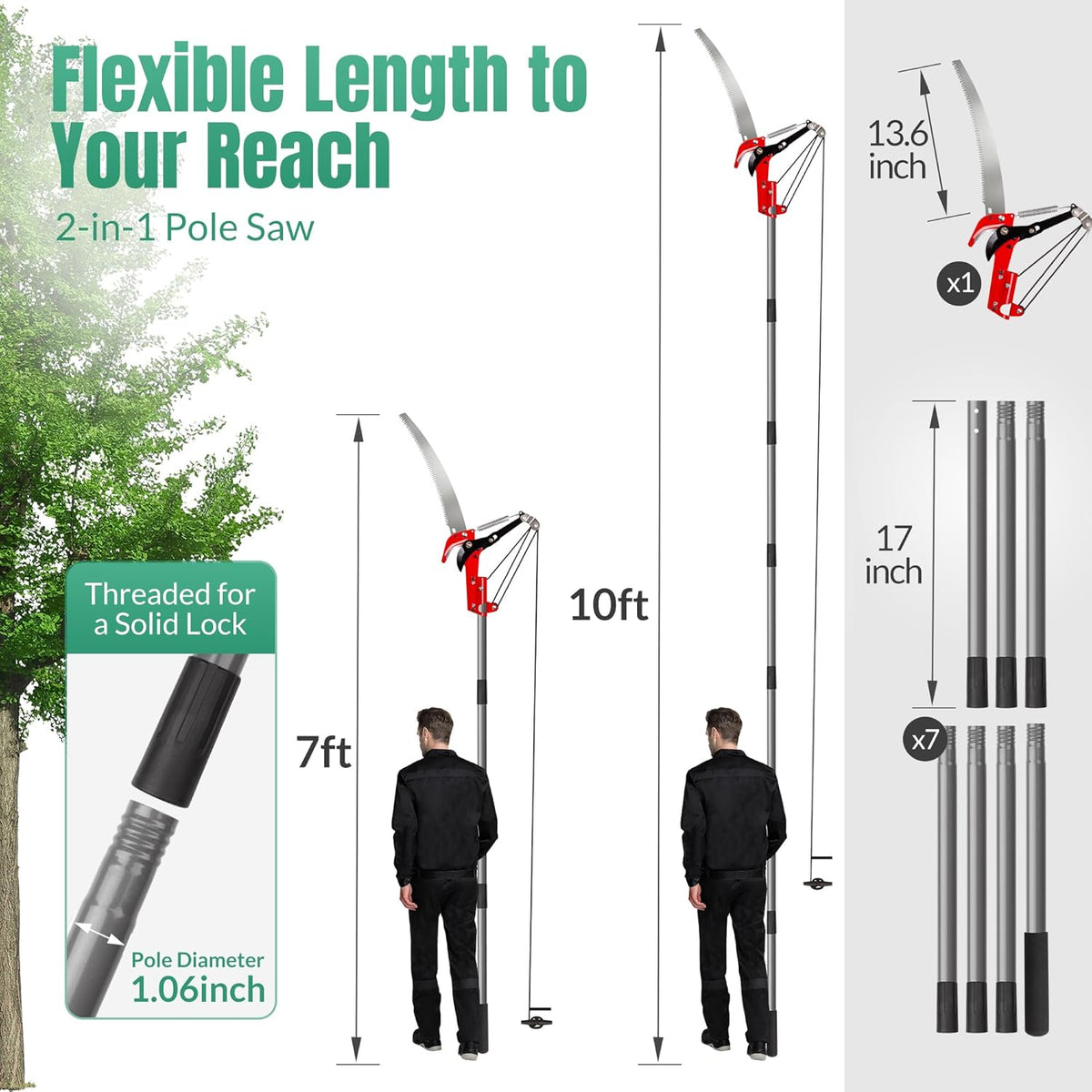 Pole Saw for Tree Trimming, 2-in-1 Tree Pruner with Saw & Pruning Scissors, 10FT Tree Trimmer, Quadruple Pulley