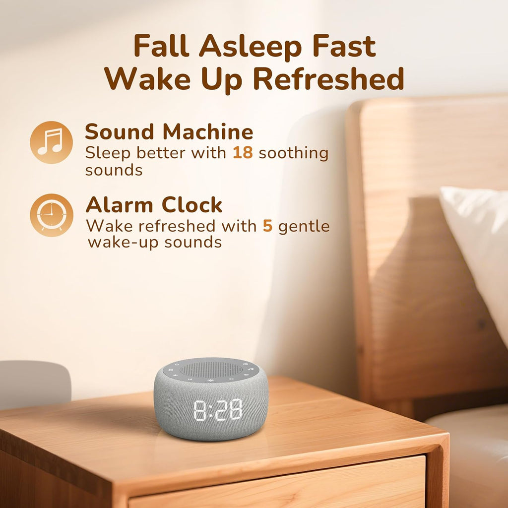 Alarm Clock with Sound Machine for Bedrooms – 2-in-1 White Noise Machine for Sleep, Gentle Wake-Up with Soft Alarm