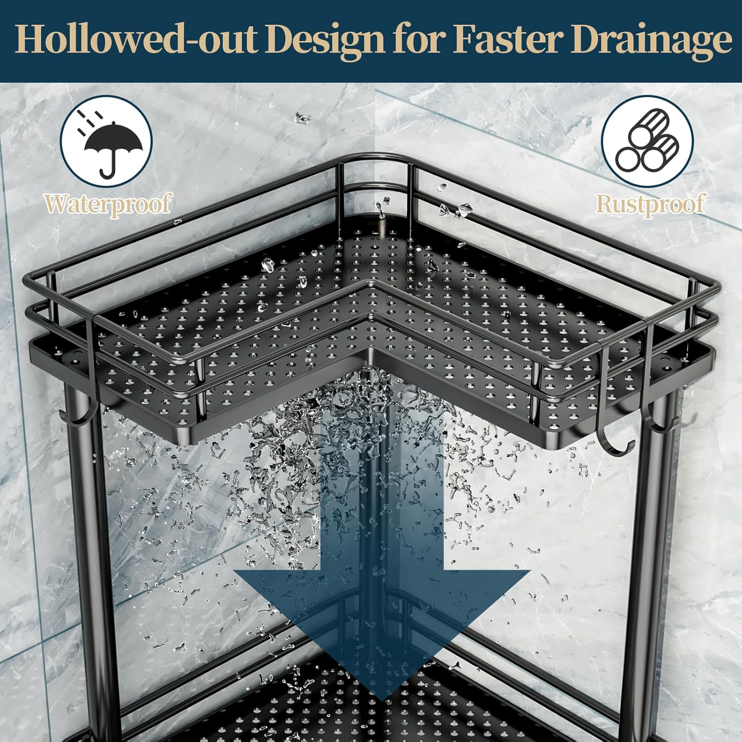 Corner Shower Caddy Standing - 3-Tier Stainless Steel Shower Organizer with Soap Holder and 4 Hooks, Large Capacity