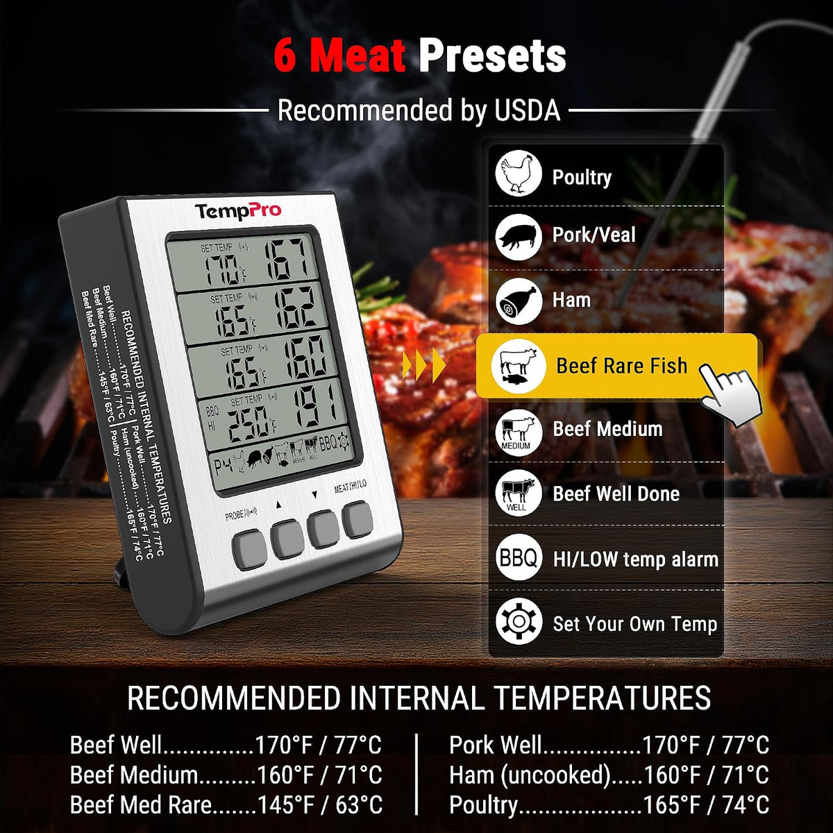 TempTrack Digital Meat Thermometer with 4 Temperature Probes