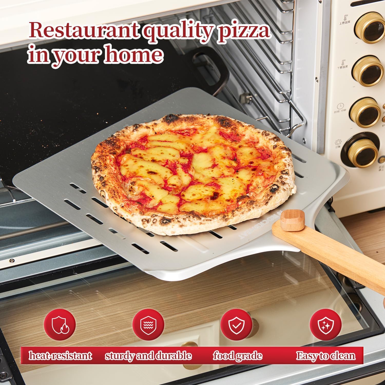 Pizza Cutter Rocker & 12 Inch Rotating Pizza Peel Set - Anodized Aluminum Peel with Wooden Handle, Includes Plastic