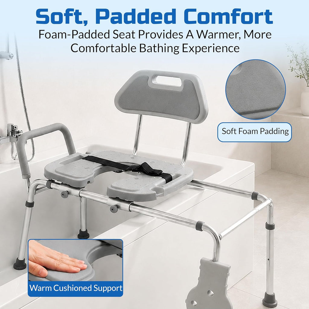 Sliding Shower Chair HydroGlyde Premium Heavy Duty, Padded Bathtub Transfer Bench with Cut Out Seat, for Bath Tub