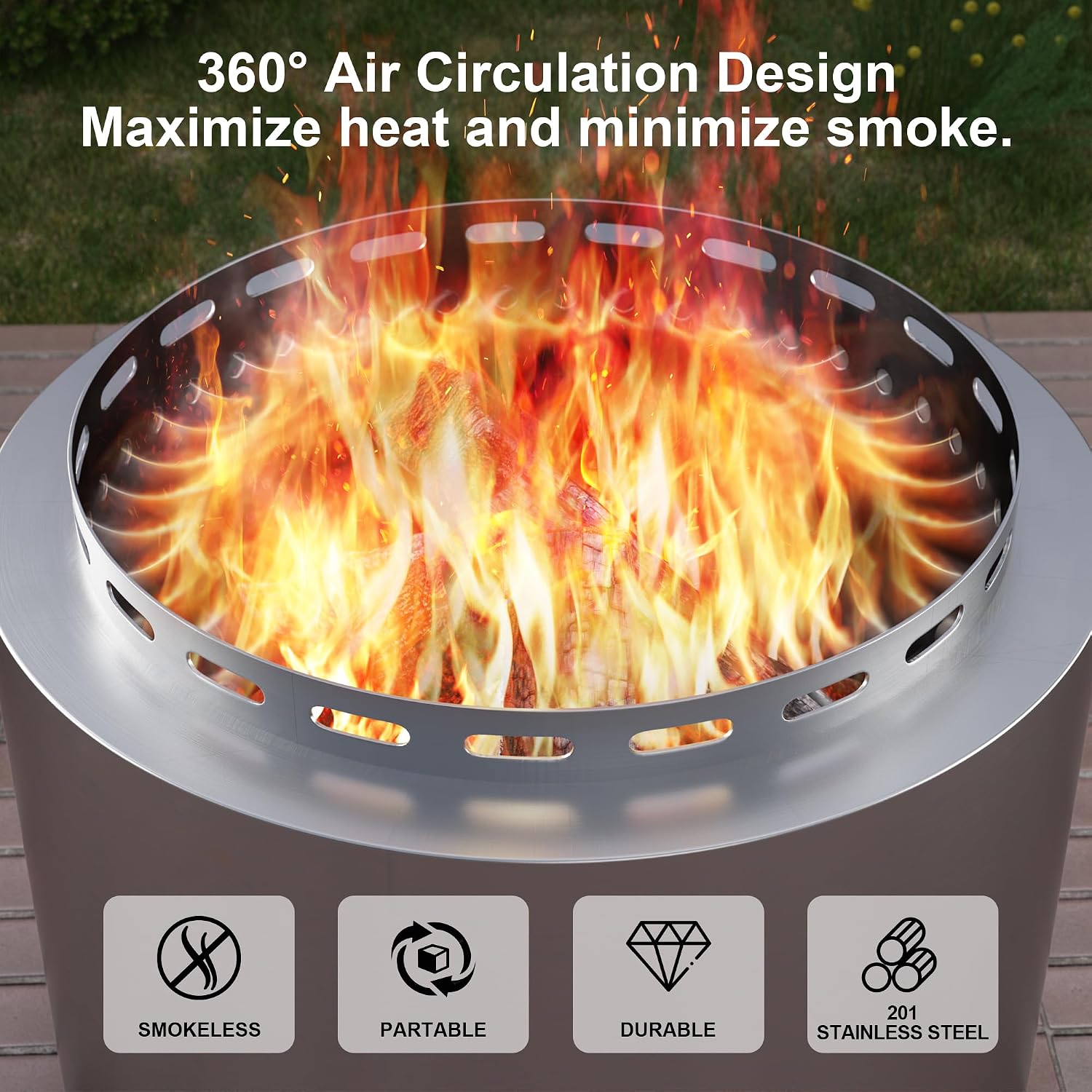 19 Inch Outdoor Smokeless Fire Pit, Portable Stainless Steel Firepit with Weather Resistant Cover,Wood Burning Fire