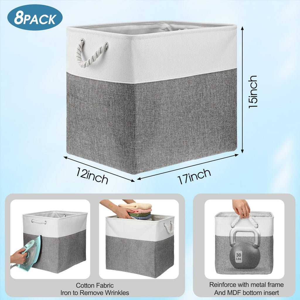 8 Pack Fabric Storage Bins Baskets, 17 x 12 x 15 in, Gray White