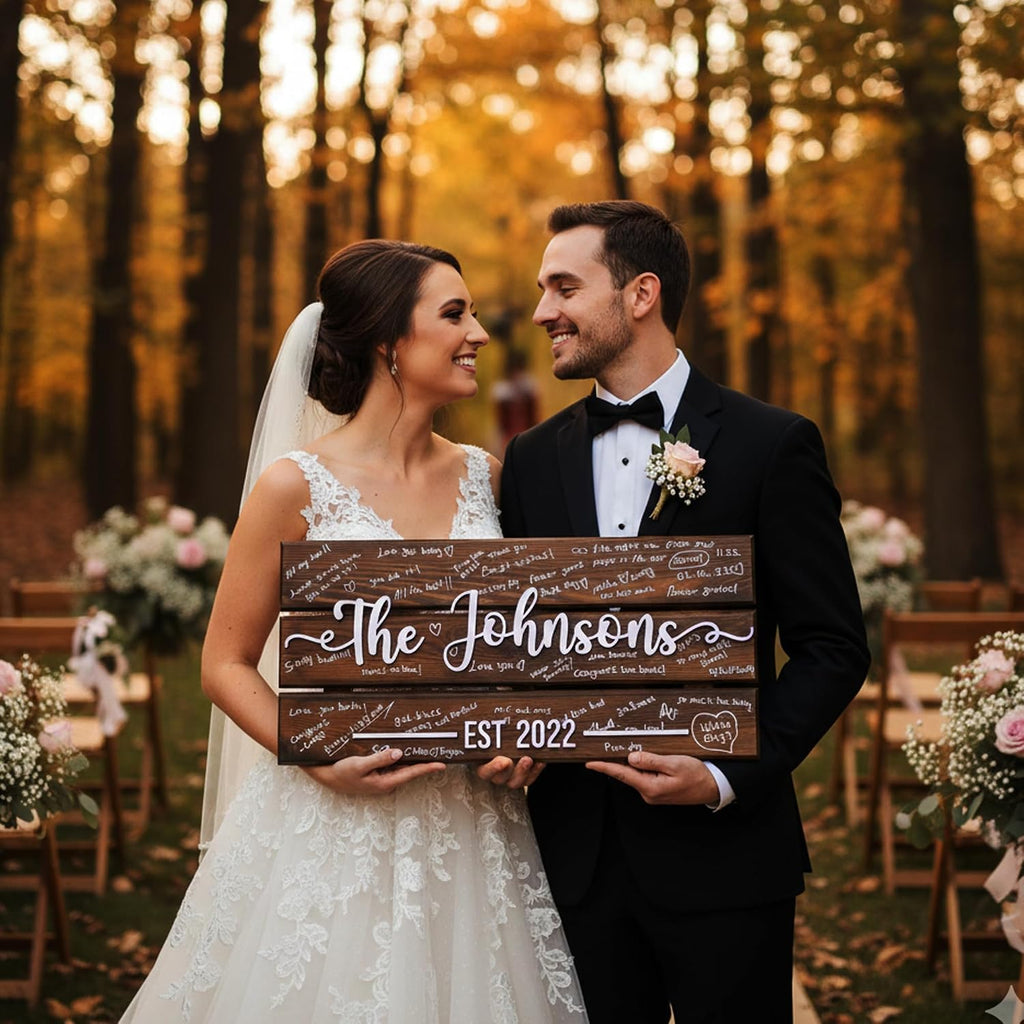 Personalized Wooden Wedding Guest Book Sign, Custom Family Name Sign with Est. Date, Rustic 3D Guestbook Alternative