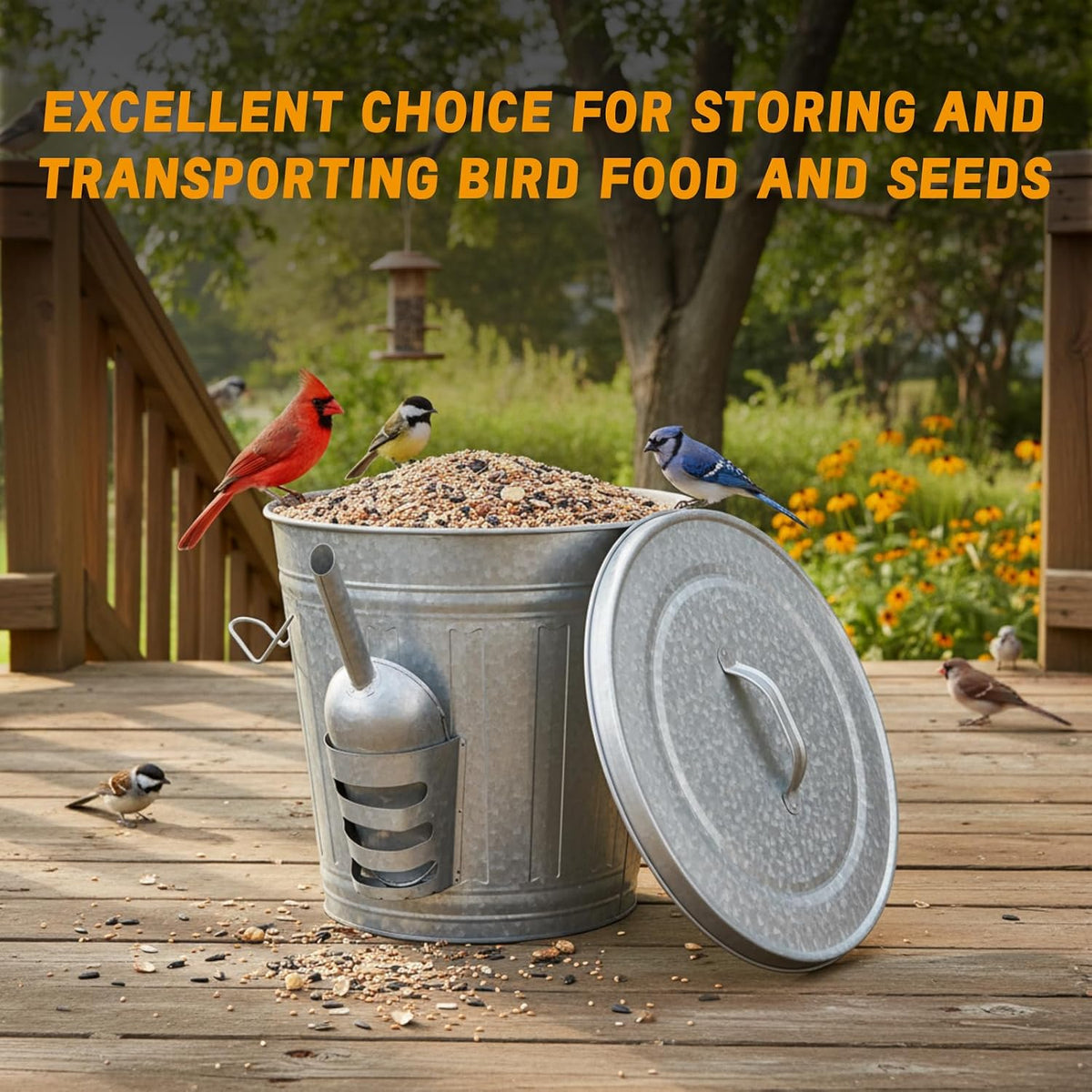 2 Pcs 4.5 Gallon Bird Seed Containers Storage Galvanized Steel Metal Food and Seed Locking Bucket Bin with Scoop