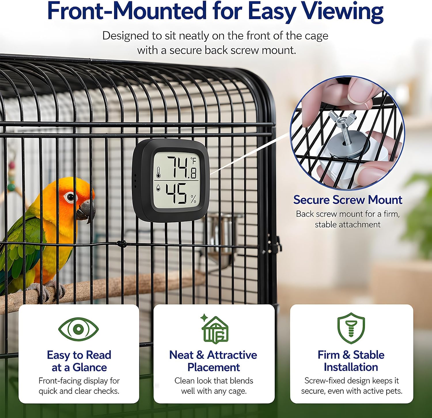 Bird Cage Thermometer,Parrot Cage Hygrometer,Pet Cage Temp Humidity Gauge,Easily Mounts on Cage,Clear Temp &