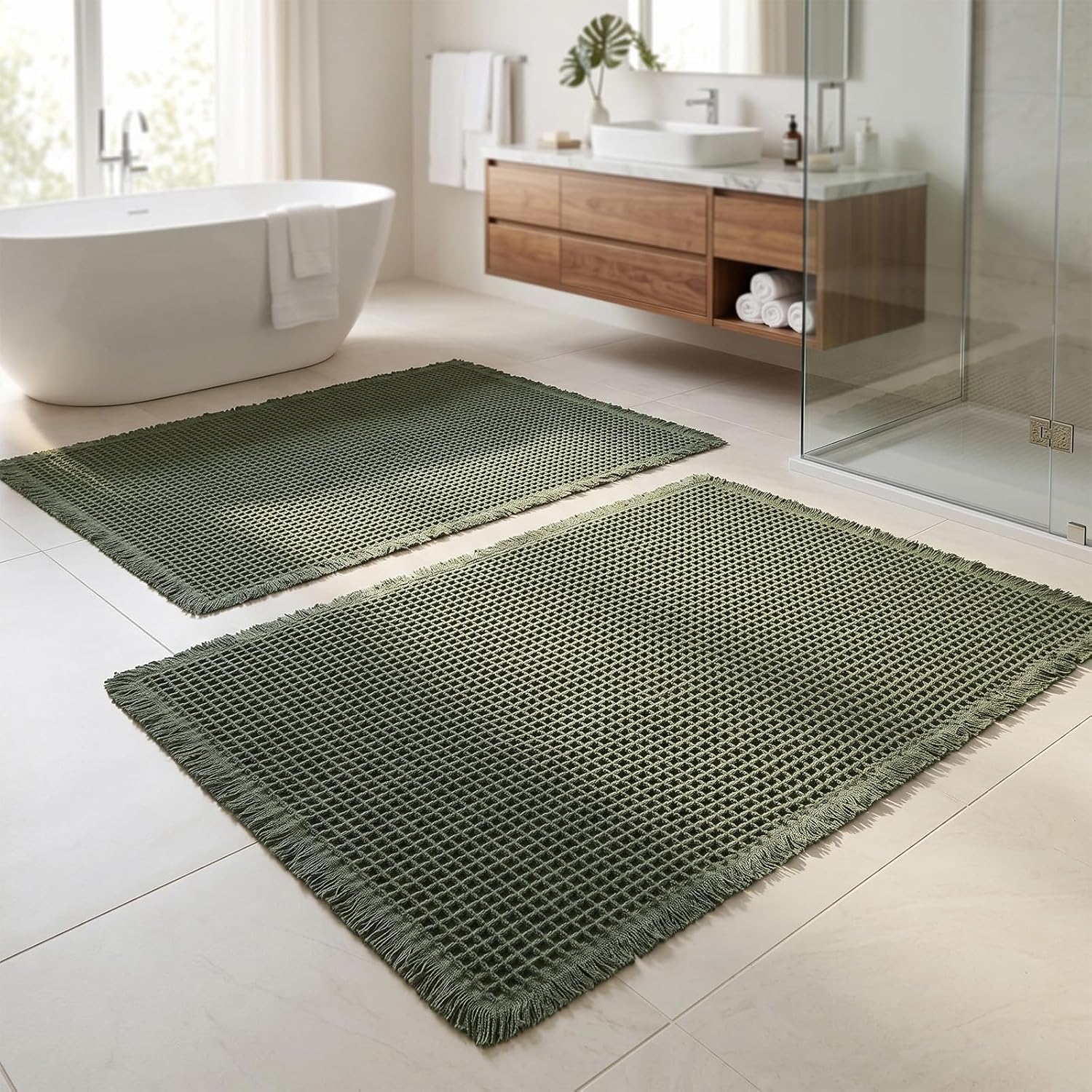 Set of 2 Waffle Bathroom Rugs, Non Slip Absorbent Waffle Knit Bath Mat for Shower Floor, Tub and Bathroom Door, Ultra