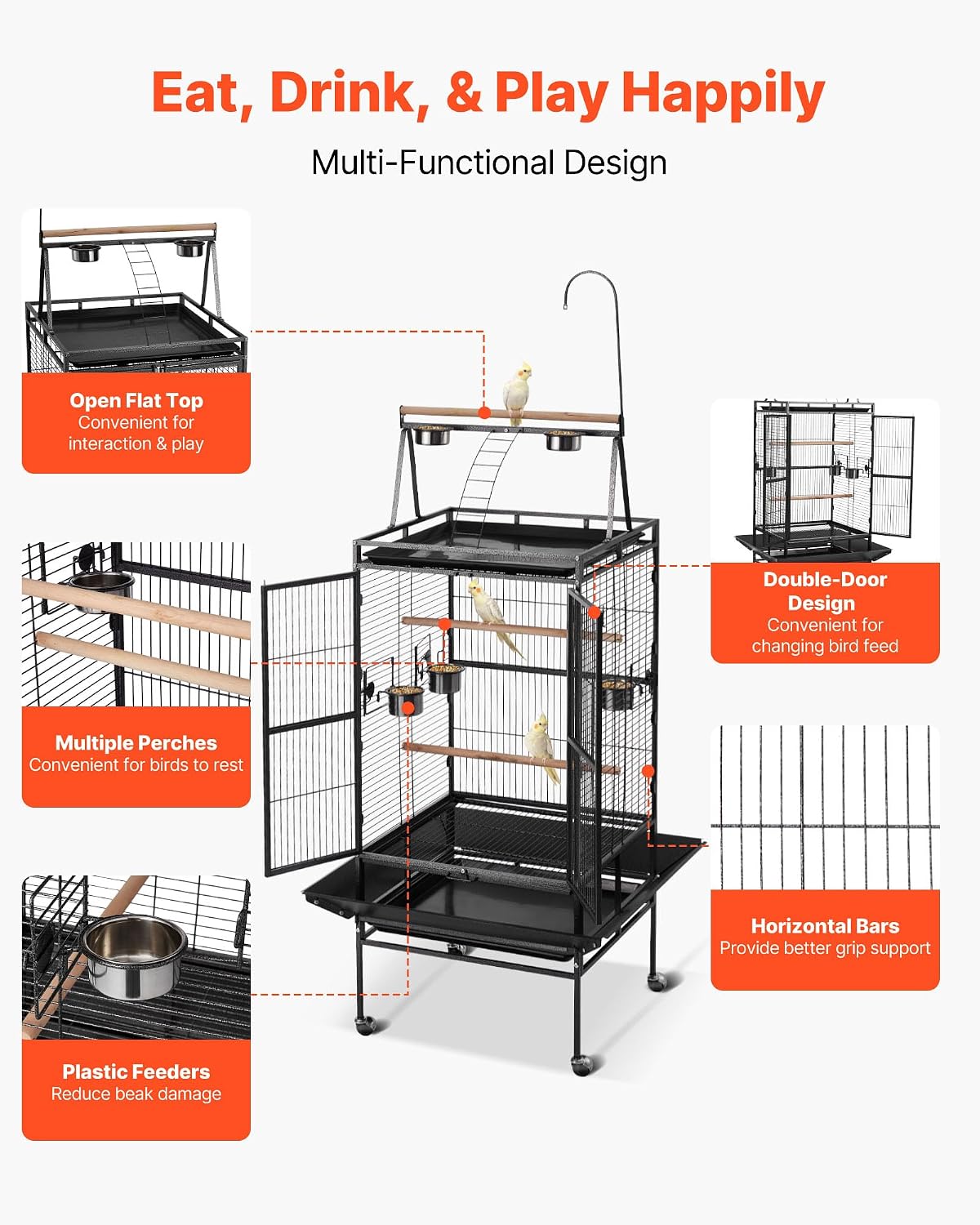 Bird Cage, 32.7 x 31.1 x 82.7 inch, Open Flat Top, Wrought Iron Bird Flight Cage with Perches, Slide-Out Tray