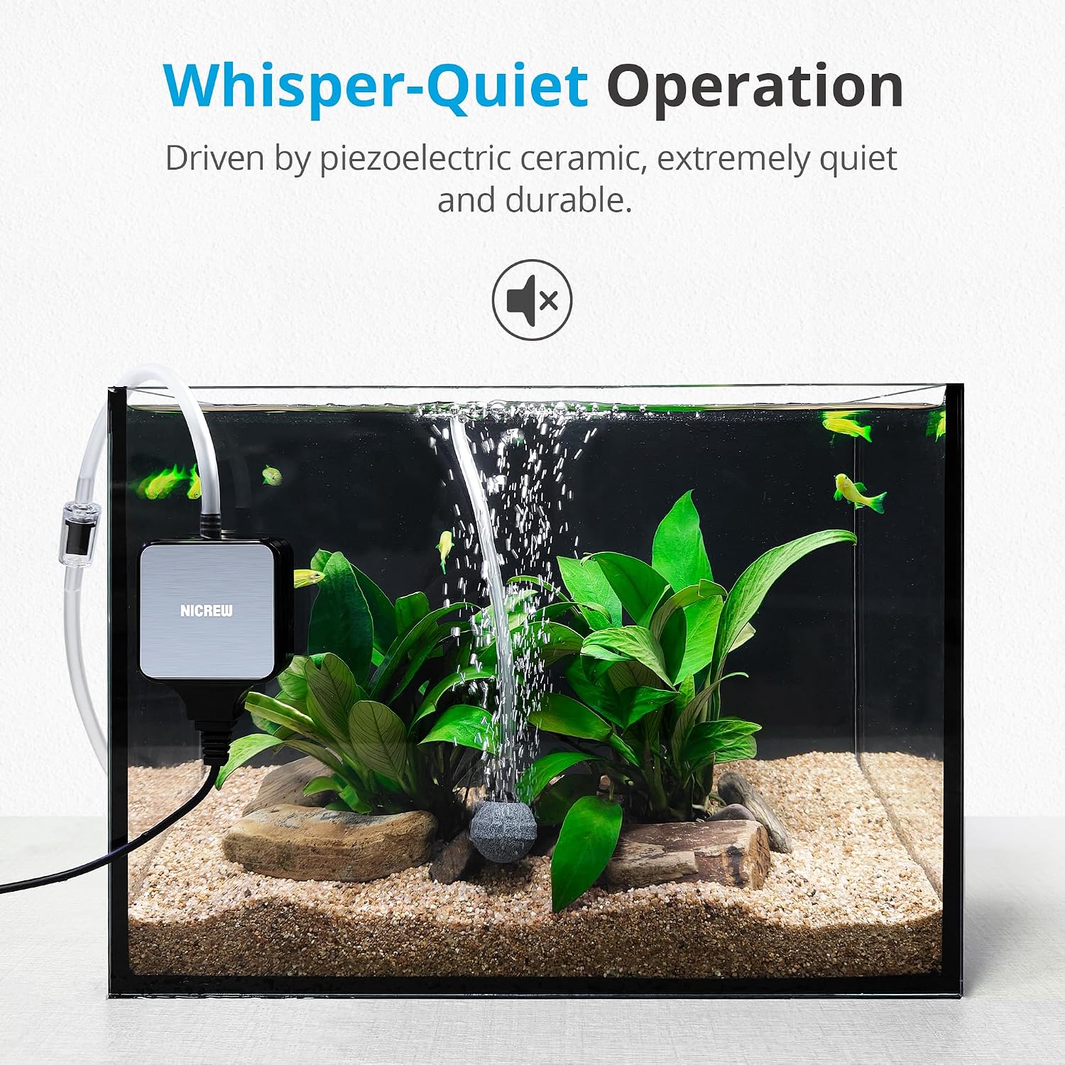 Nano Silent Aquarium Air Pump Black, Aquarium Aerator with Accessories for Up to 10 Gallon Fish Tank, Super Quiet
