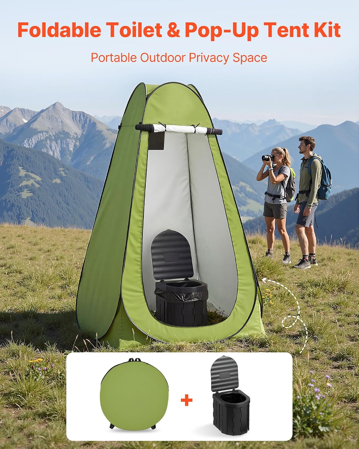 Portable Toilet Kit, 330 lbs Load Capacity, Folding Camping Toilet with Pop-Up Privacy Tent, Outdoor Travel Potty for