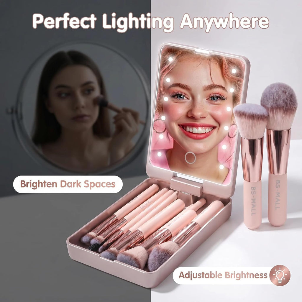 Makeup Brushes Foundation Powder Concealers Eye Shadows Makeup Set with LED light Mirror 14 Pcs Mini Makeup Brushes