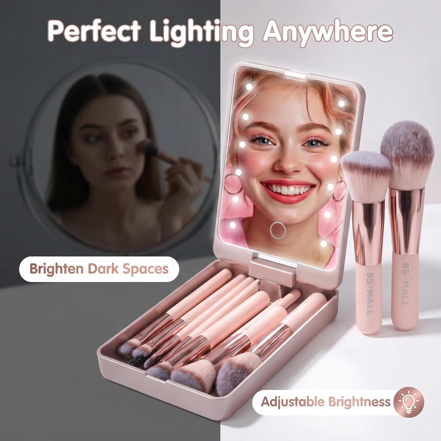 Makeup Brushes Foundation Powder Concealers Eye Shadows Makeup Set with LED light Mirror 14 Pcs Mini Makeup Brushes