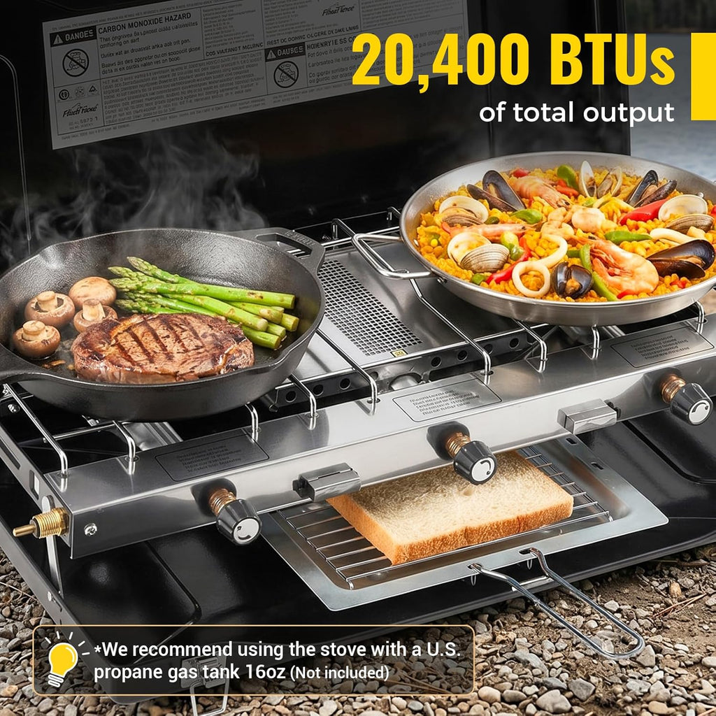 Camping Stove, Propane Portable Camp Stove, 20400BTU-3 Burners | With Toaster & Regulator, Push-Button Instant