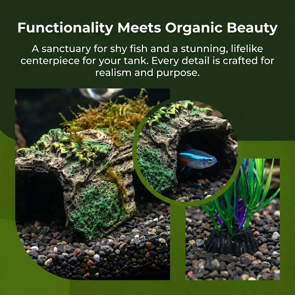 Resin Hollow Tree Trunk Betta Log Cave 1pcs with Aquarium Plants x 8pcs - Fish Tank Decorations for Betta Fish, Small