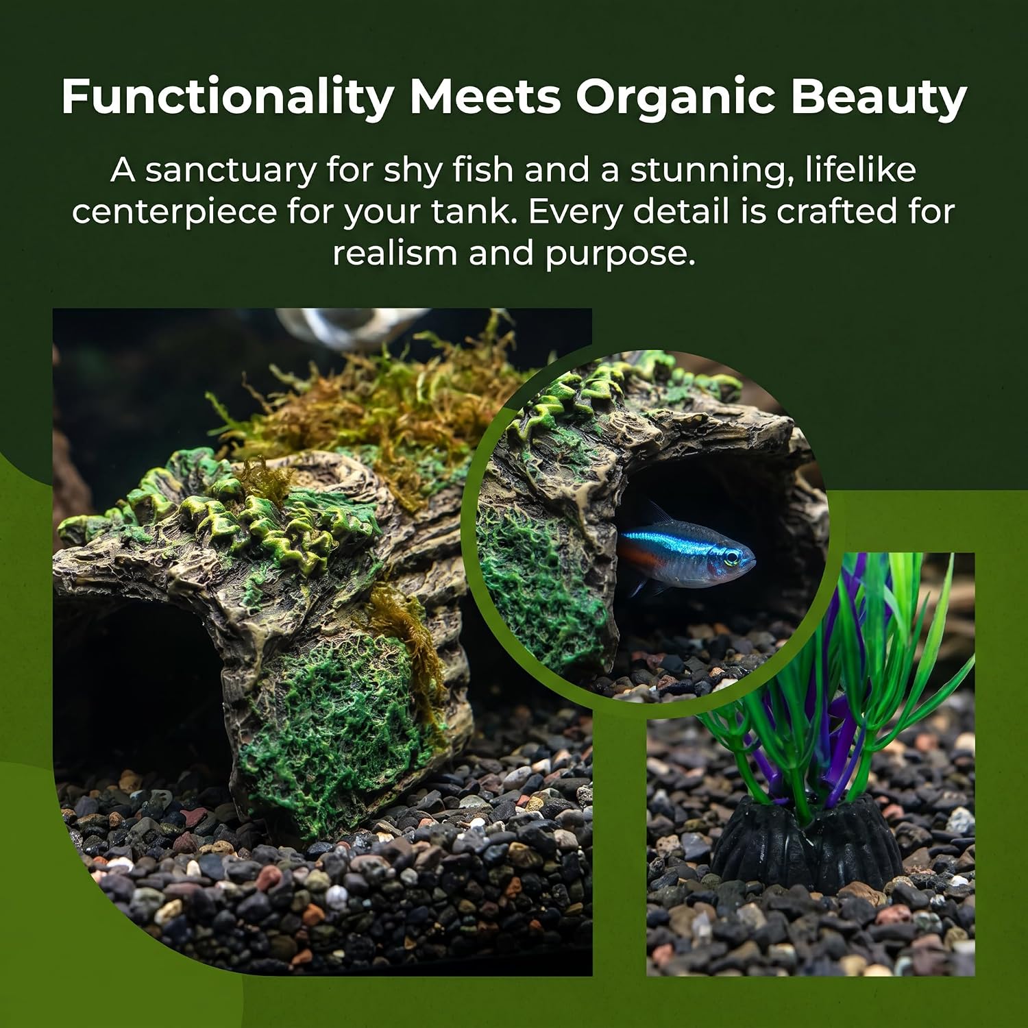 Resin Hollow Tree Trunk Betta Log Cave 1pcs with Aquarium Plants x 8pcs - Fish Tank Decorations for Betta Fish, Small